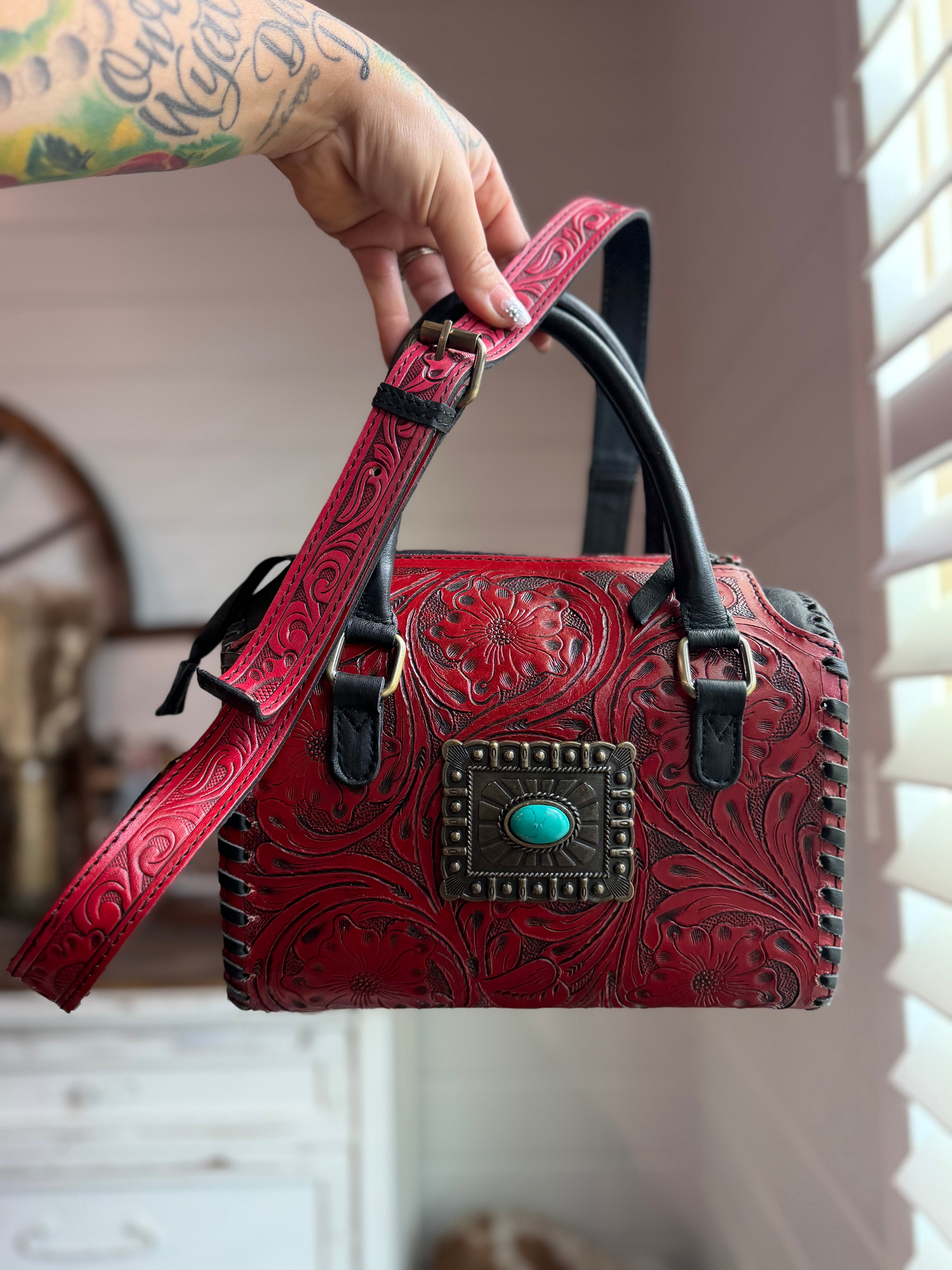 Red with blue Concho tooled leather speedy (M) exclusive (Copy)