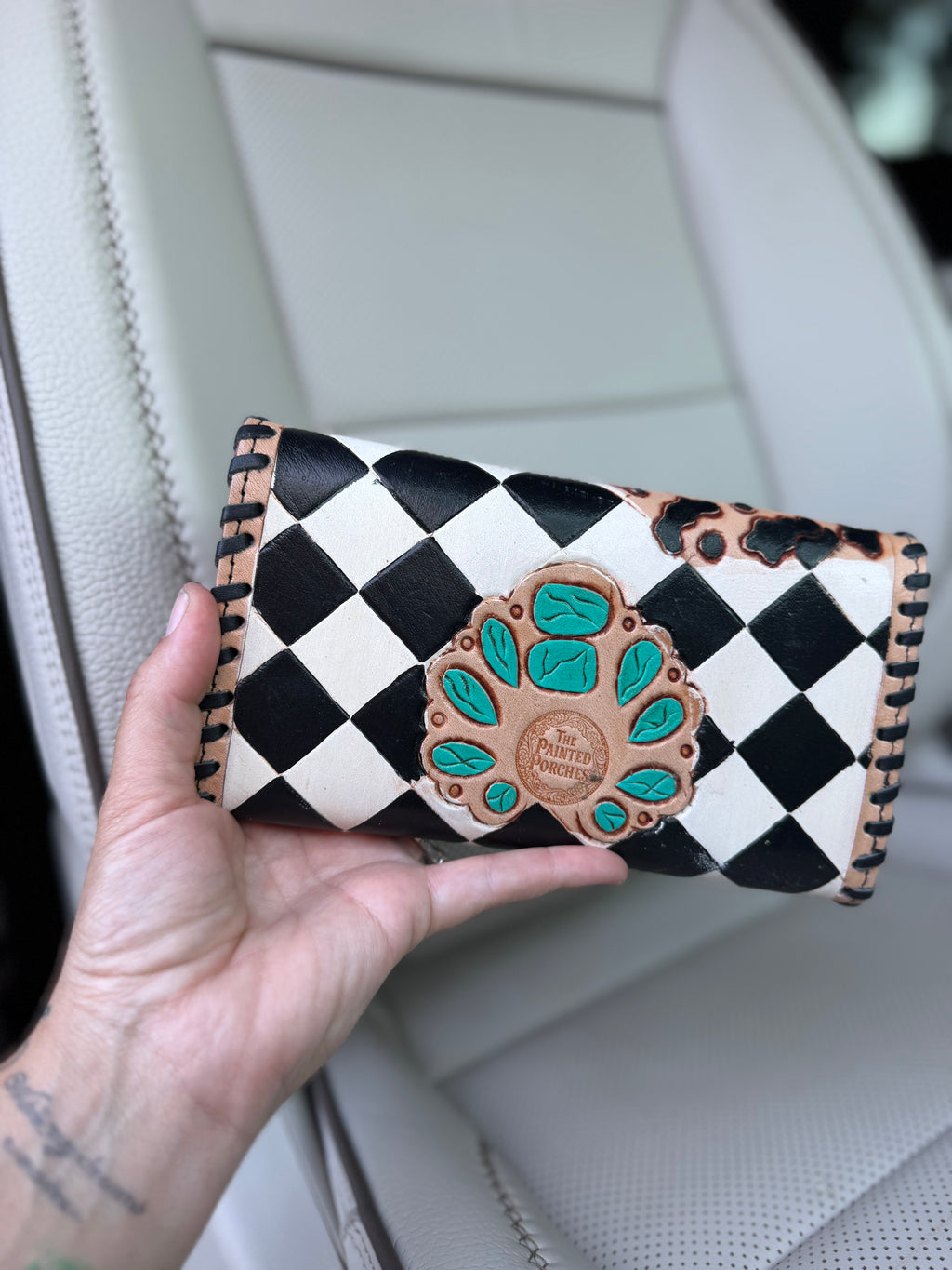 Tooled Wallet - black/white checker and cheetah tooled leather
