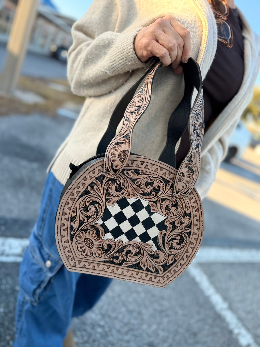 Tooled leather checker purse
