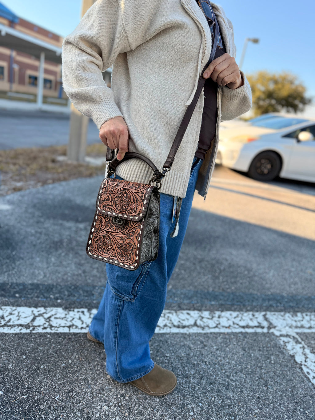 “Petunia” Tooled leather sling purse - by the Painted Porches