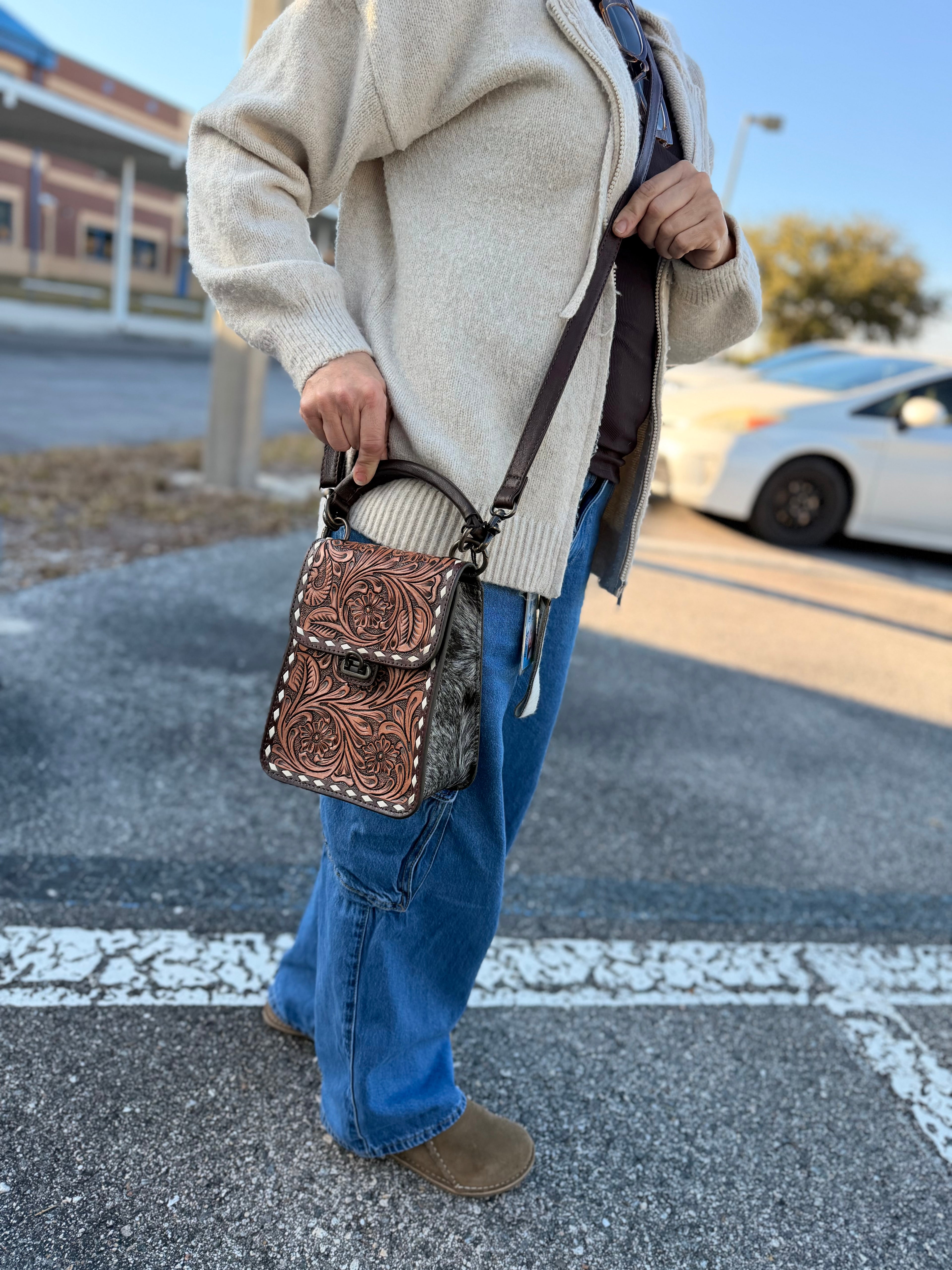 “Petunia” Tooled leather sling purse - by the Painted Porches