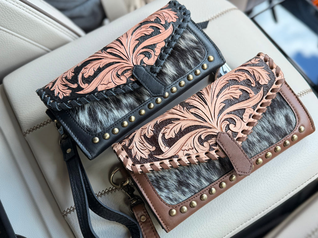 Tooled leather and cowhide wallet