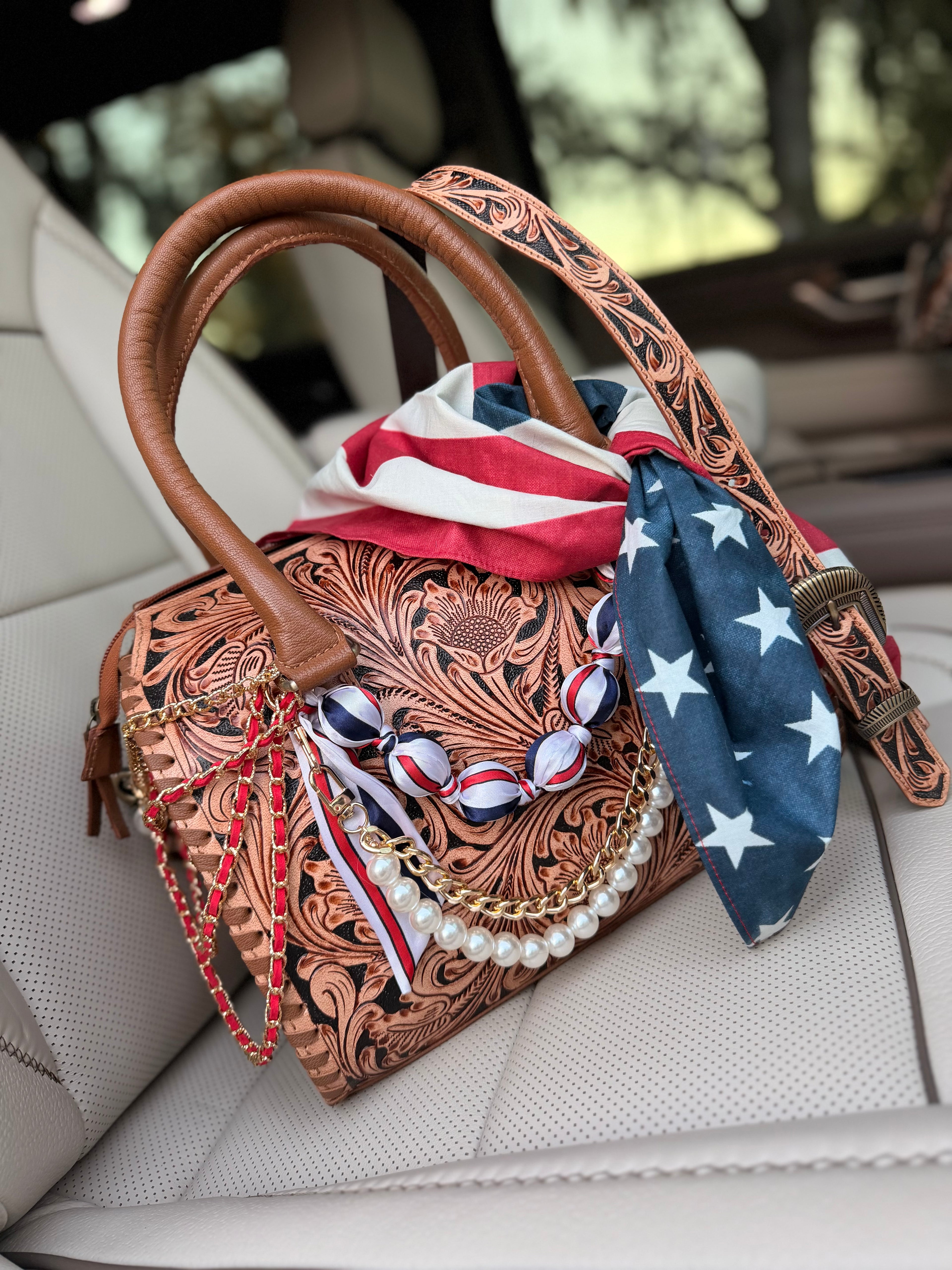 “American Honey“- tan and black  tooled leather speedy (M)