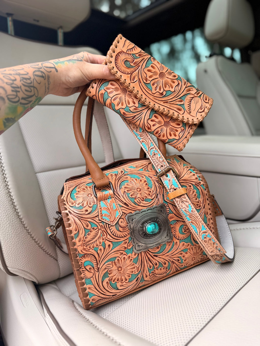 “Paradise Cowgirl set”- teal and tan  tooled leather speedy (M) and wallet