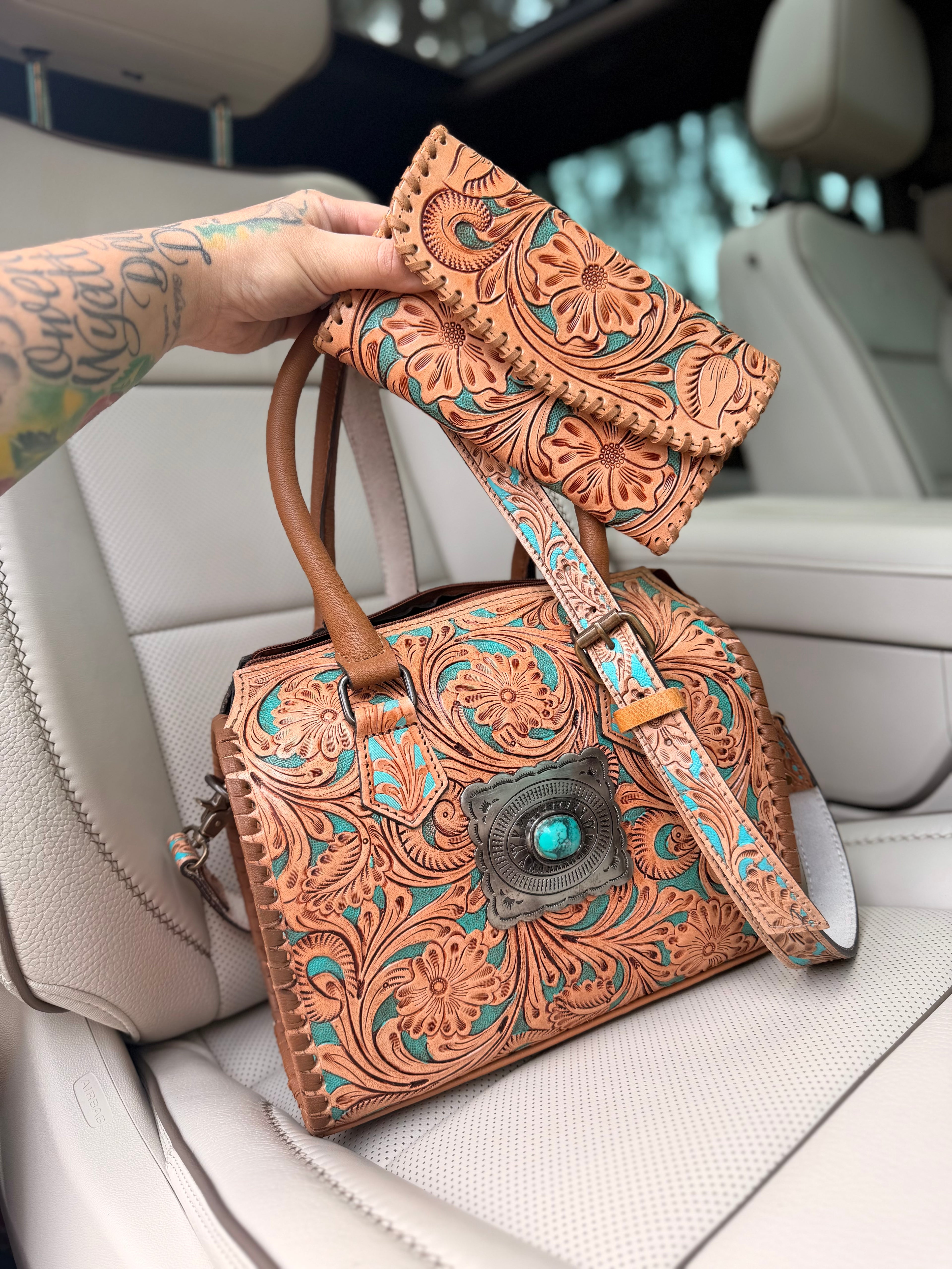 “Paradise Cowgirl set”- teal and tan  tooled leather speedy (M) and wallet