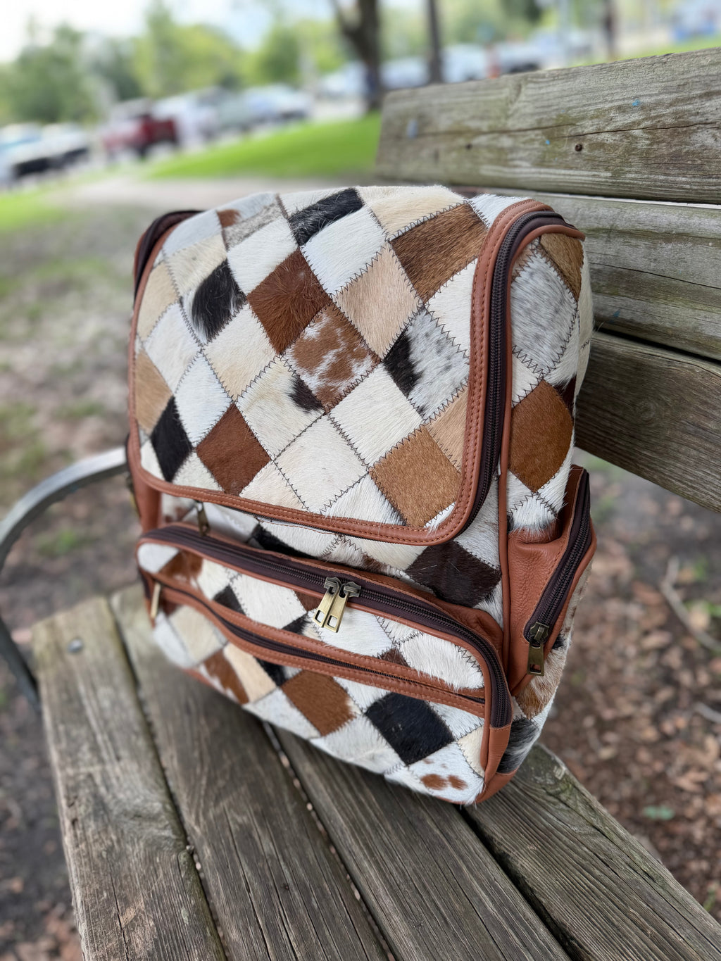Patchwork cowhide bookbag