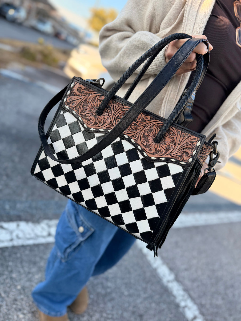 The “Charlotte” tooled fringe tote checker  bag - by the Painted Porches