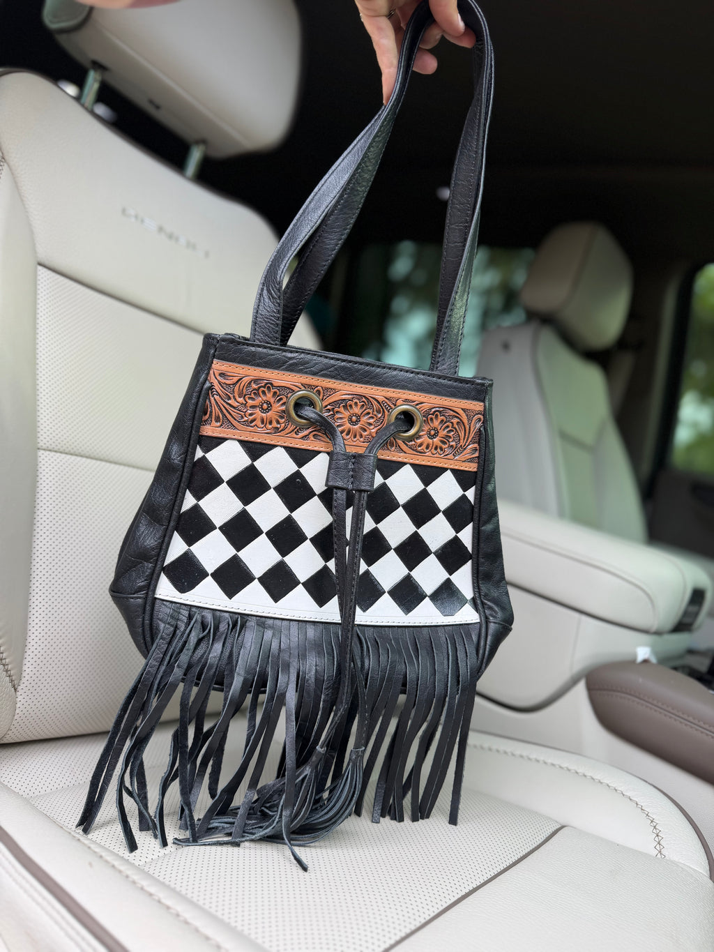 Checker sling bag with fringe