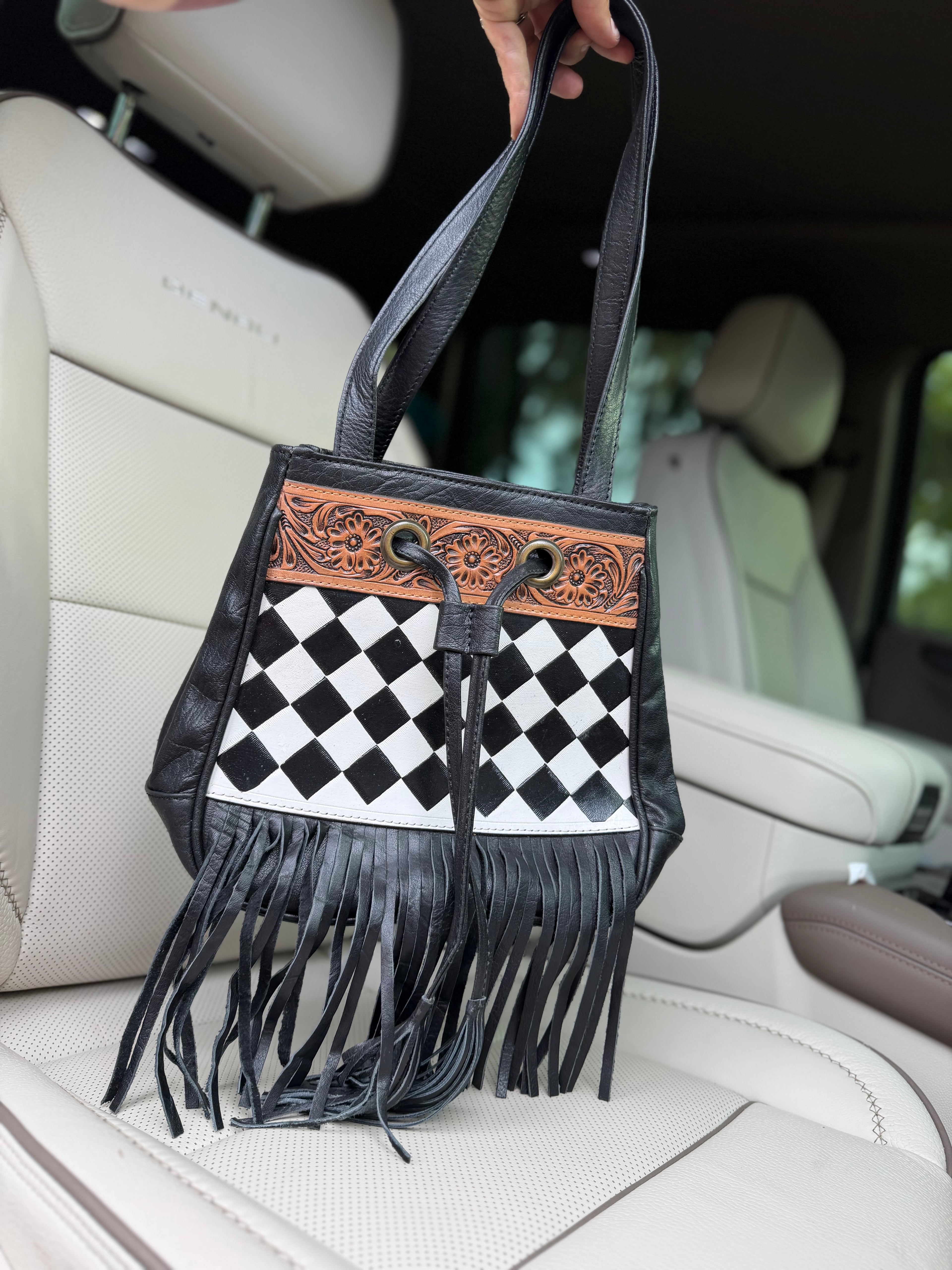 Checker sling bag with fringe
