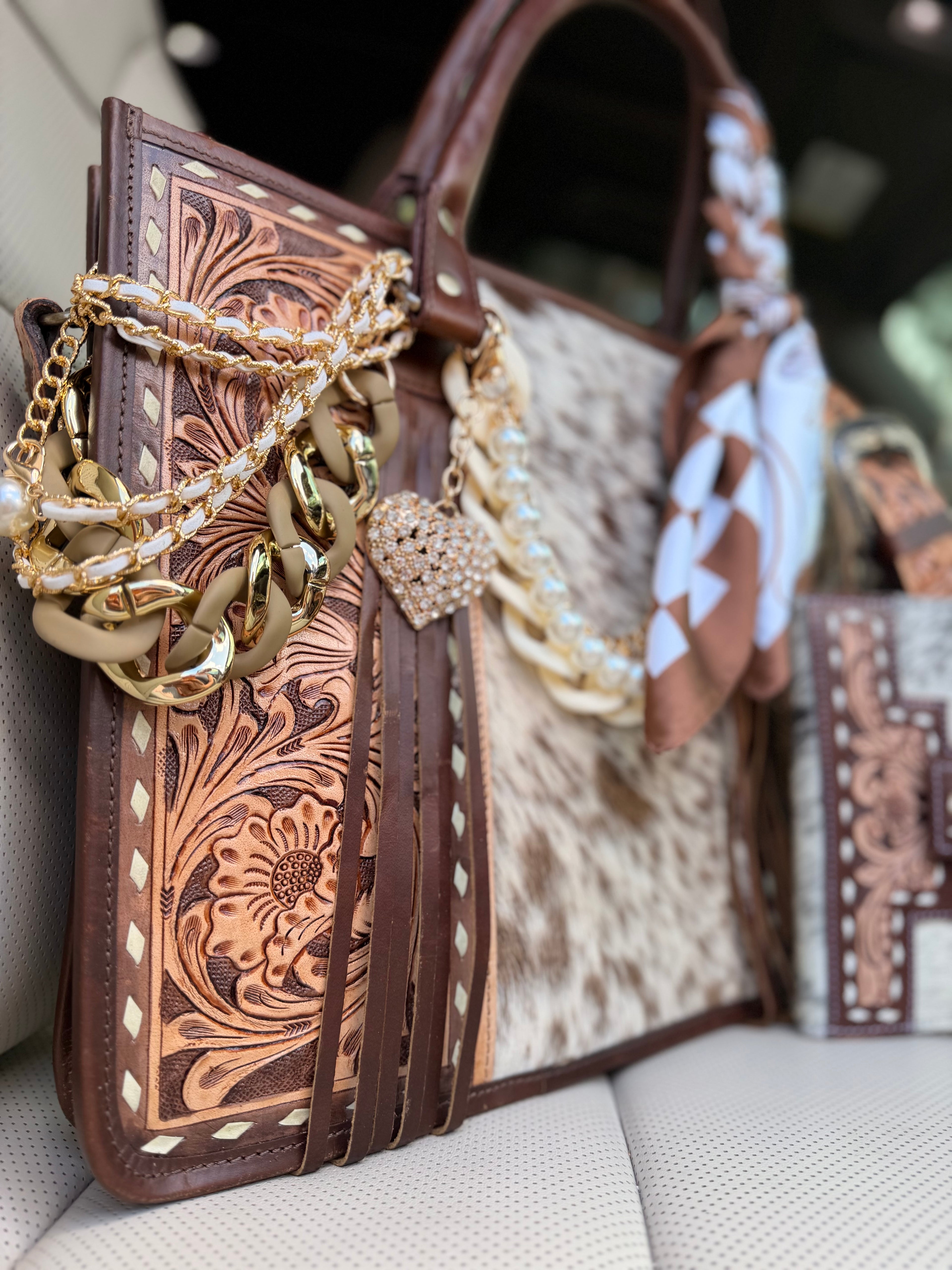 "Sassy Cowgirl" Dressed cowhide and brown tooled leather tote bag/ wallet combo