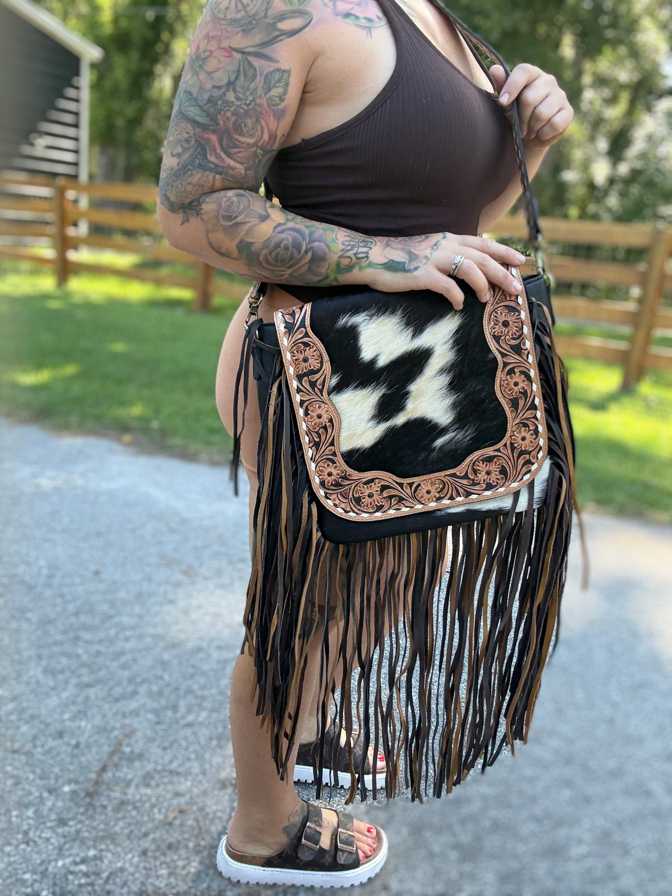 Tooled fringe cross body comes with free wallet and card holder