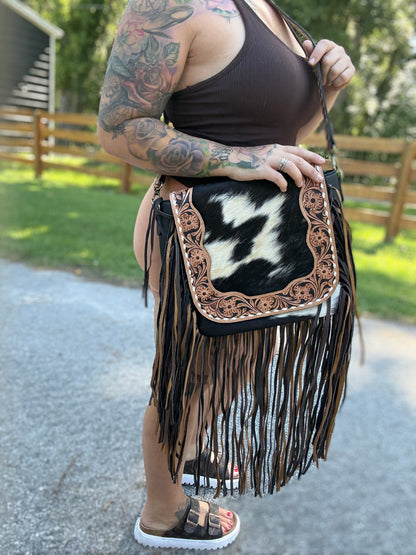 Tooled fringe cross body comes with free wallet and card holder