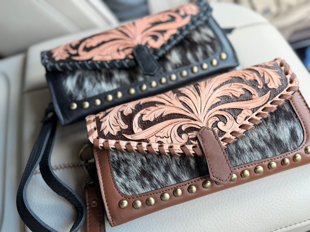 Tooled leather and cowhide wallet