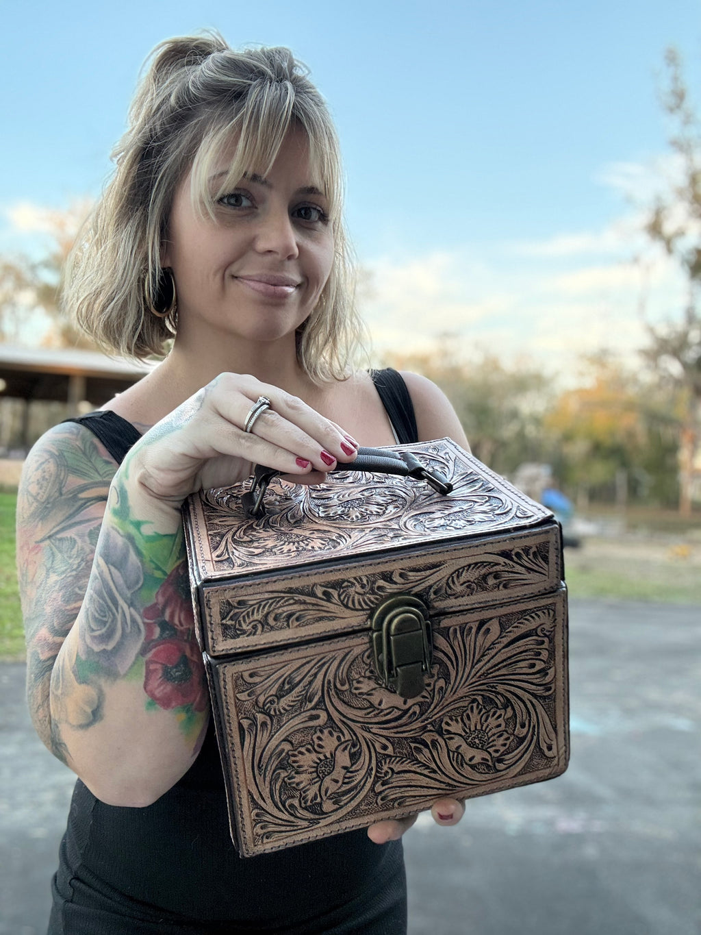 Tooled leather train case style- Jewelry box