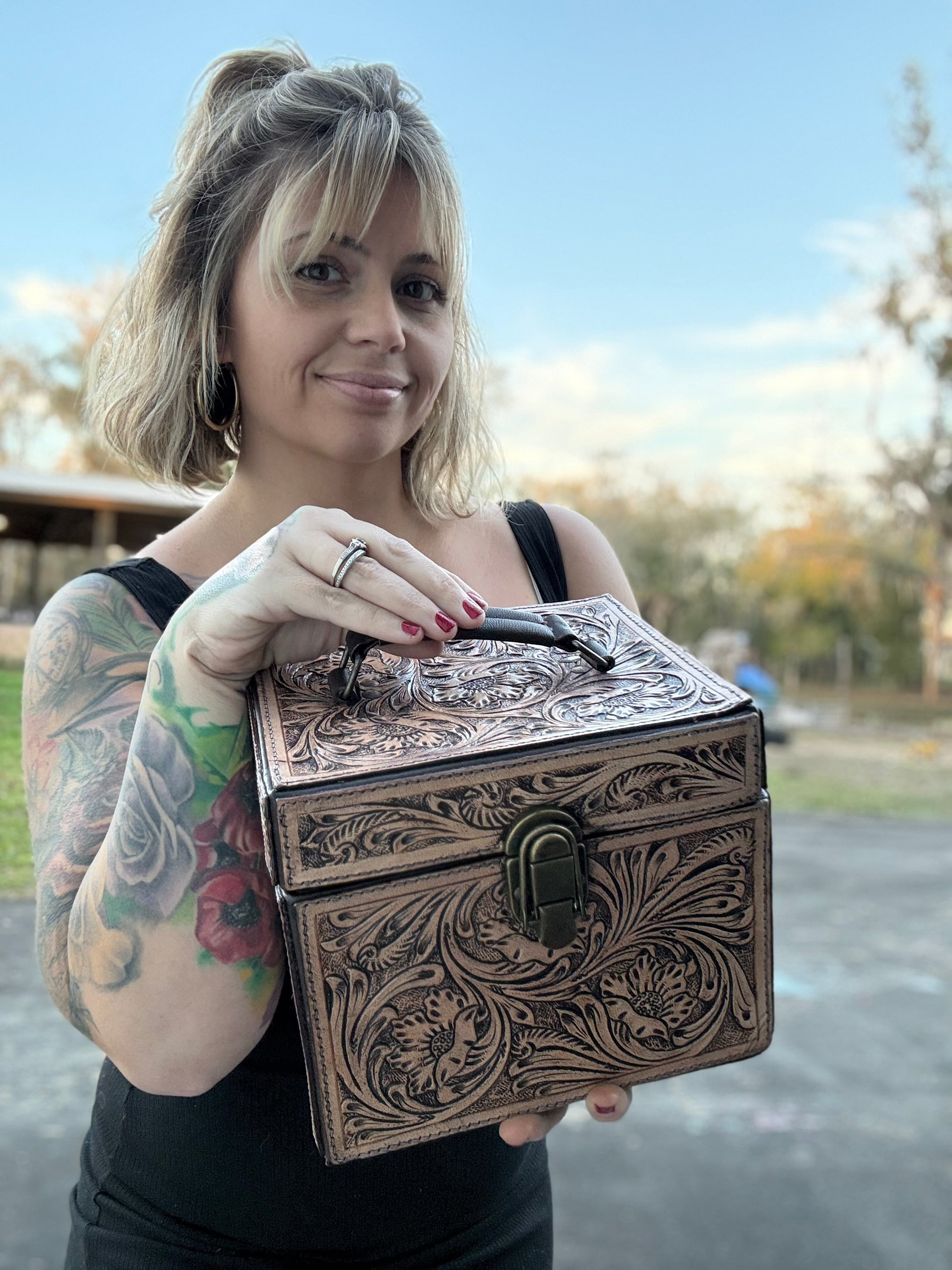Tooled leather train case style- Jewelry box