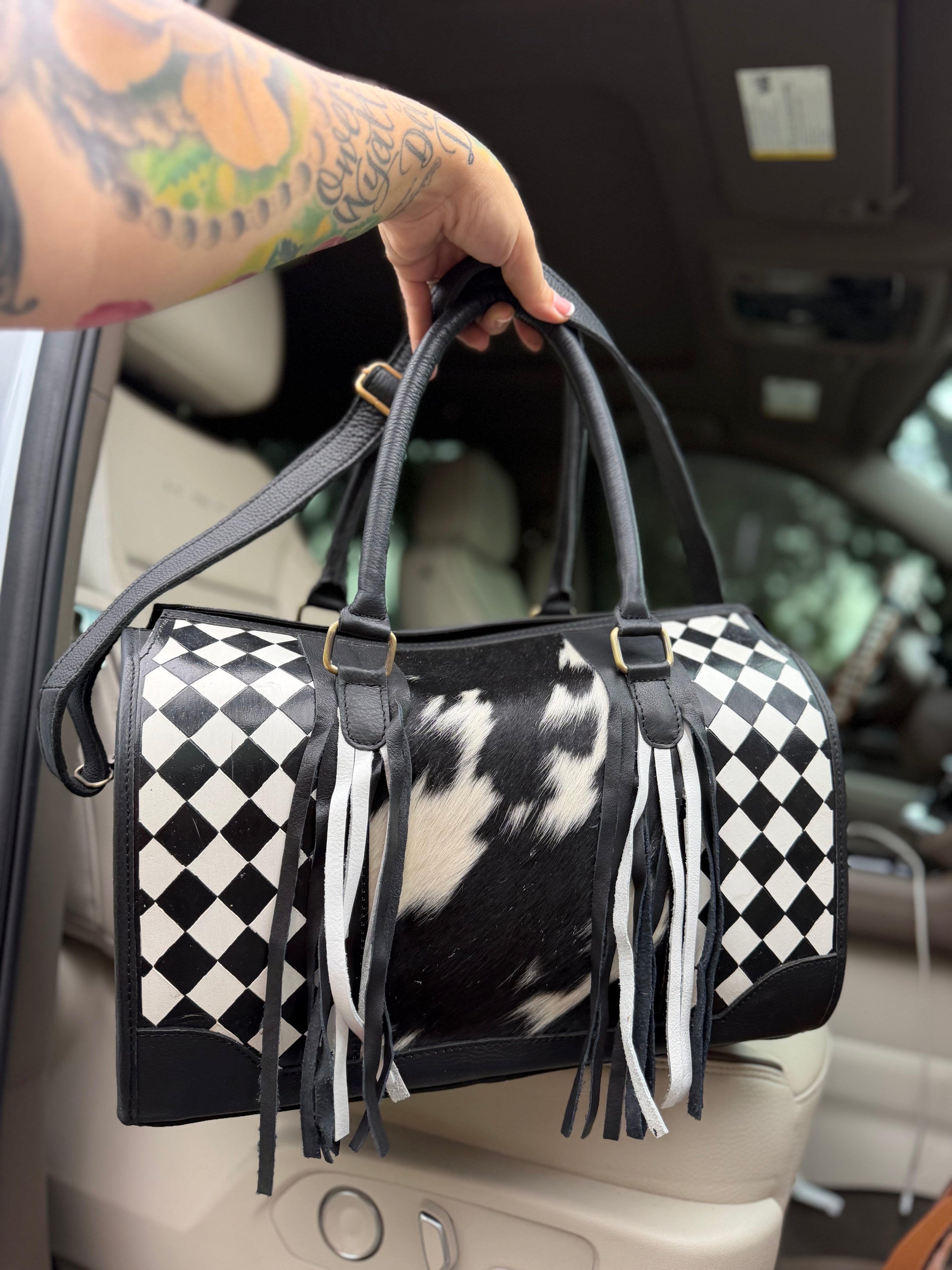 Black/white checker tooled leather speedy duffle (L)