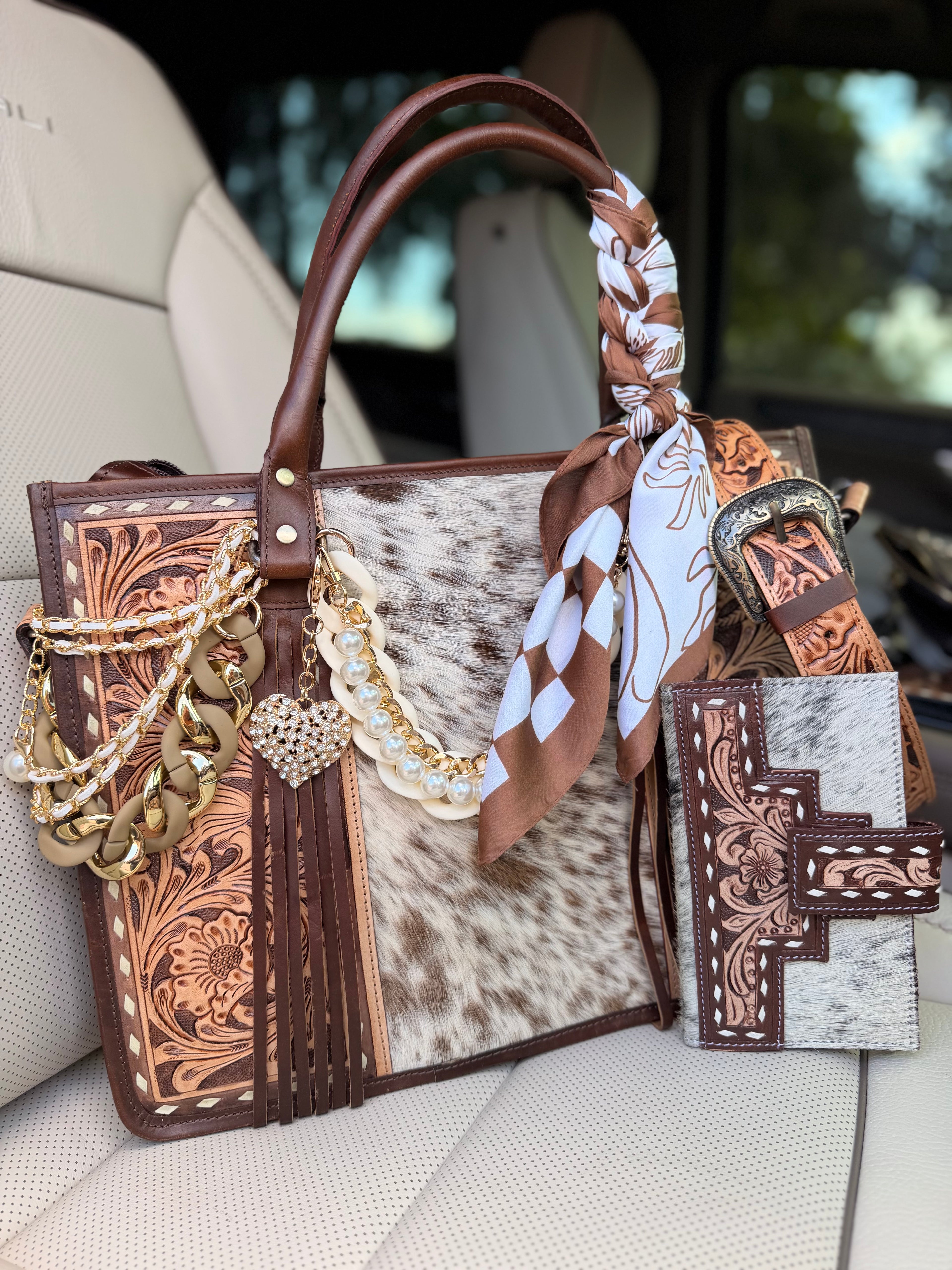 "Sassy Cowgirl" Dressed cowhide and brown tooled leather tote bag/ wallet combo