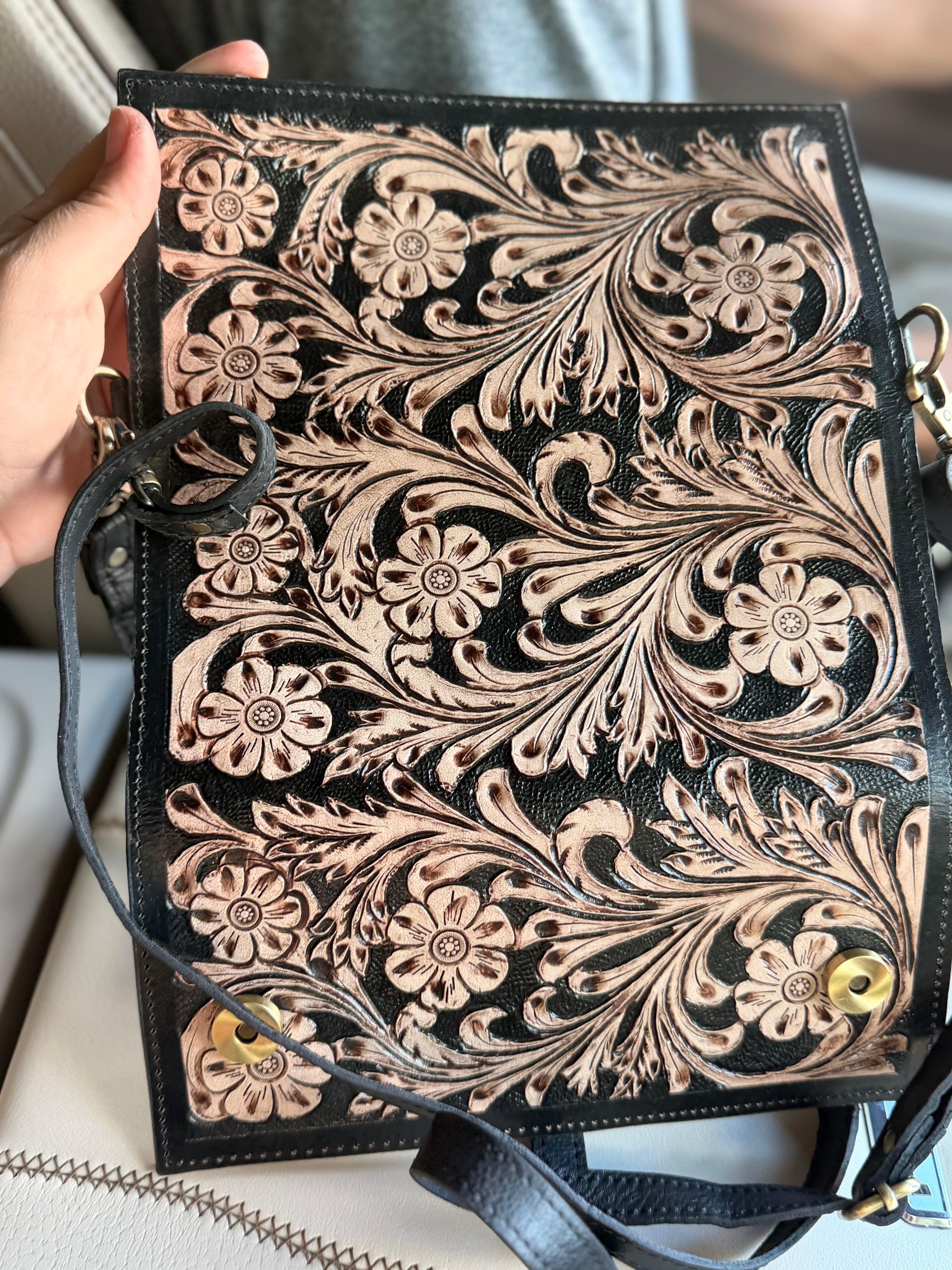 Tooled leather clutch crossbody