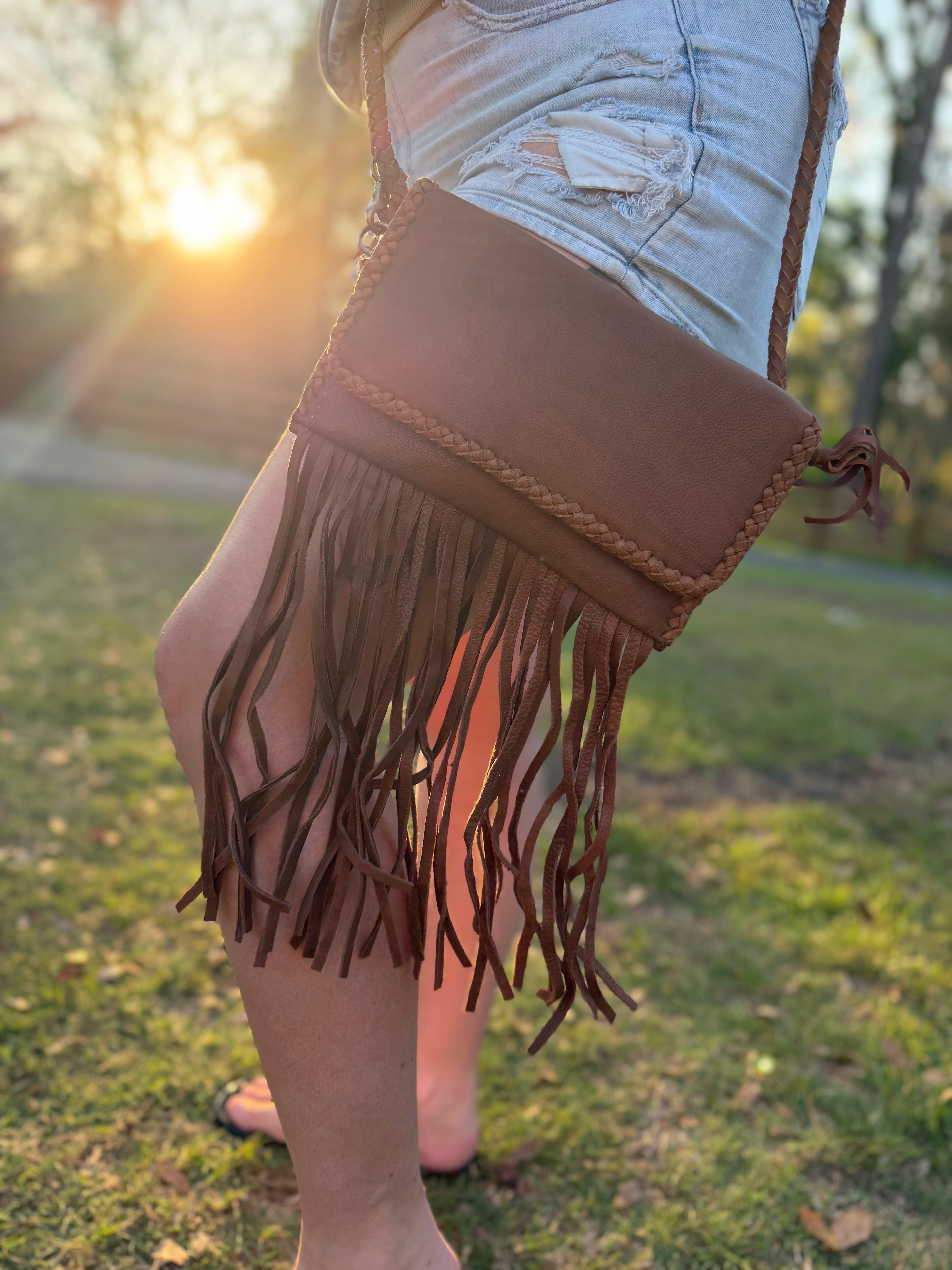 Brown Leather fringe crossbody purse