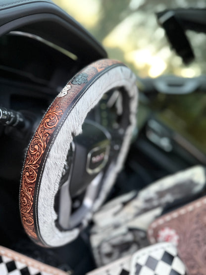 15.5 “ tooled leather cowhide steering wheel cover read description before purchase
