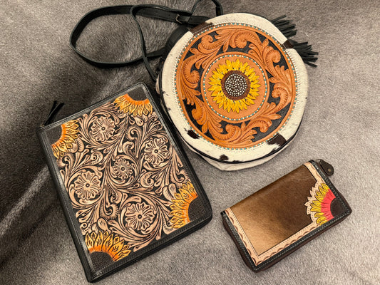 Tooled leather - Sunflower print canteen set -  purse,planner,wallet