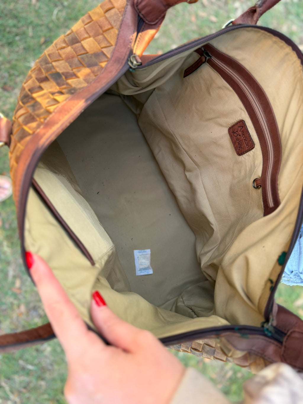 Brown leather woven duffle