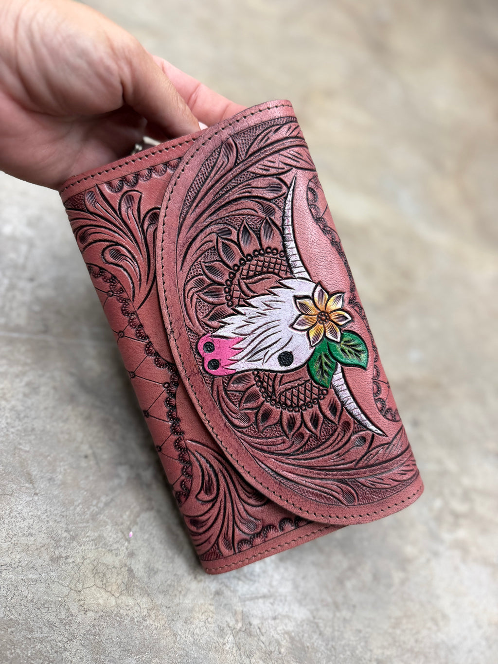 Long horn Tooled leather wallet