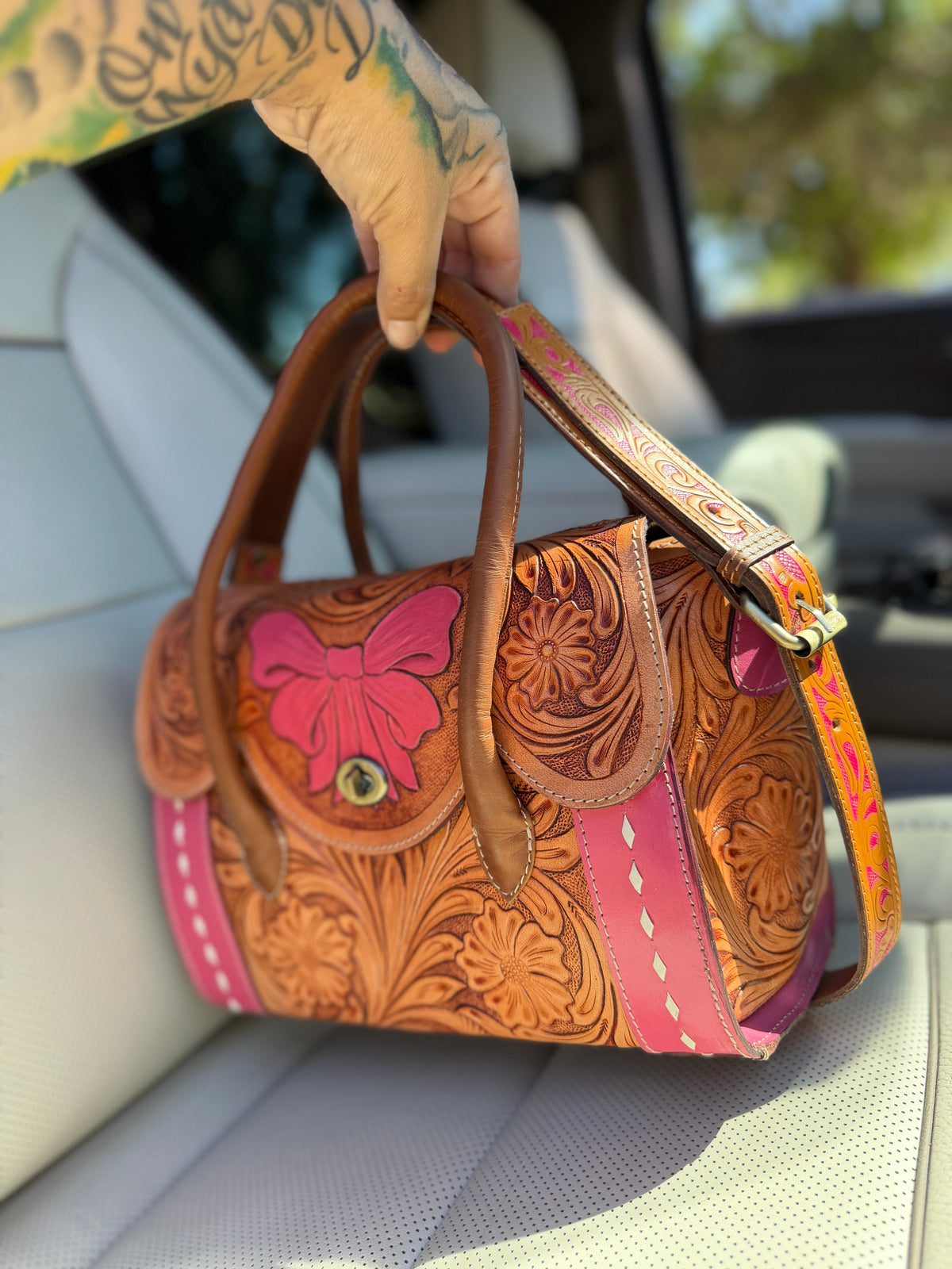 "SweetHeart" pink and tooled leather bow bag