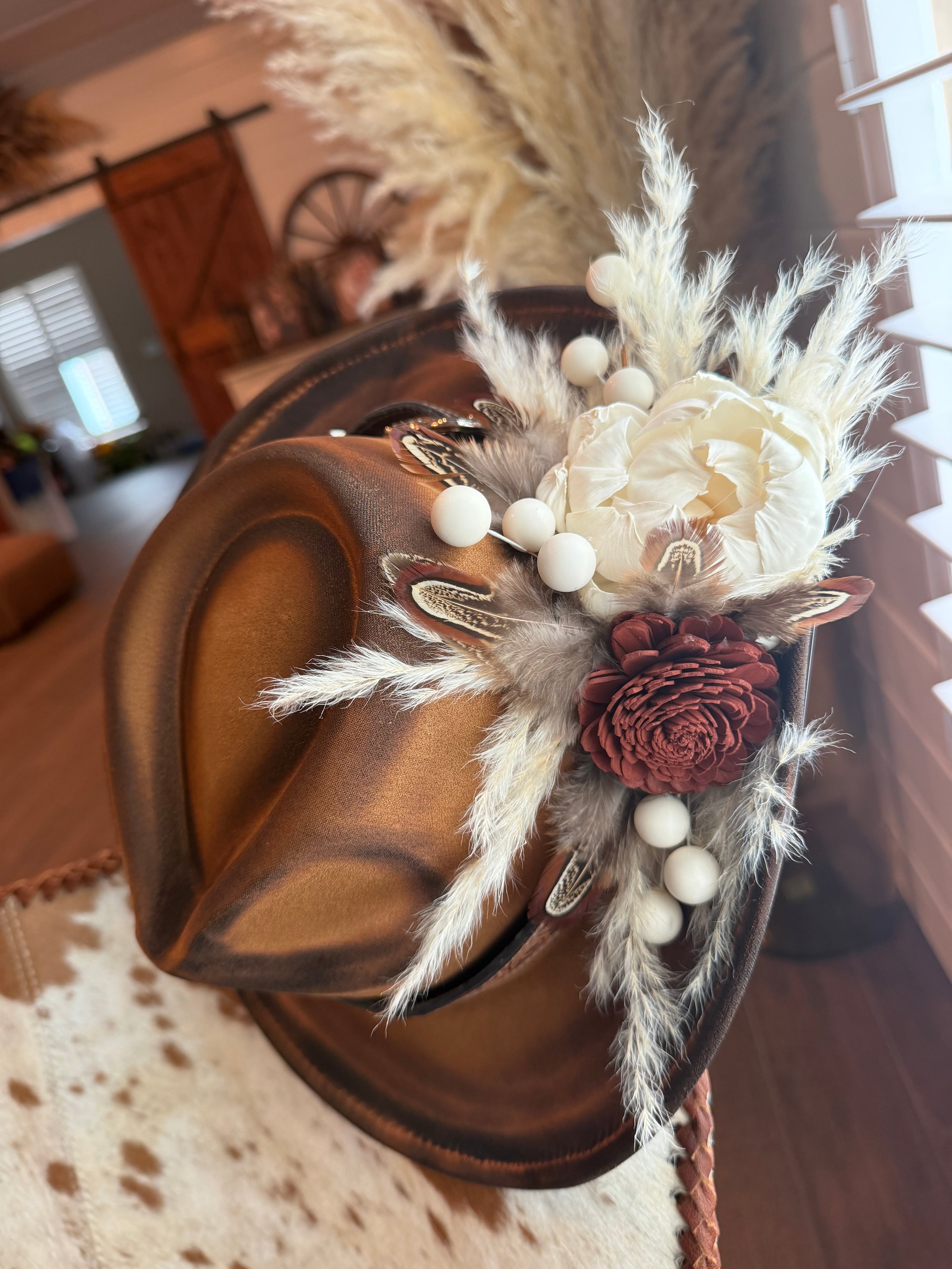 Floral Cowgirl  hat with tooled leather hat belt