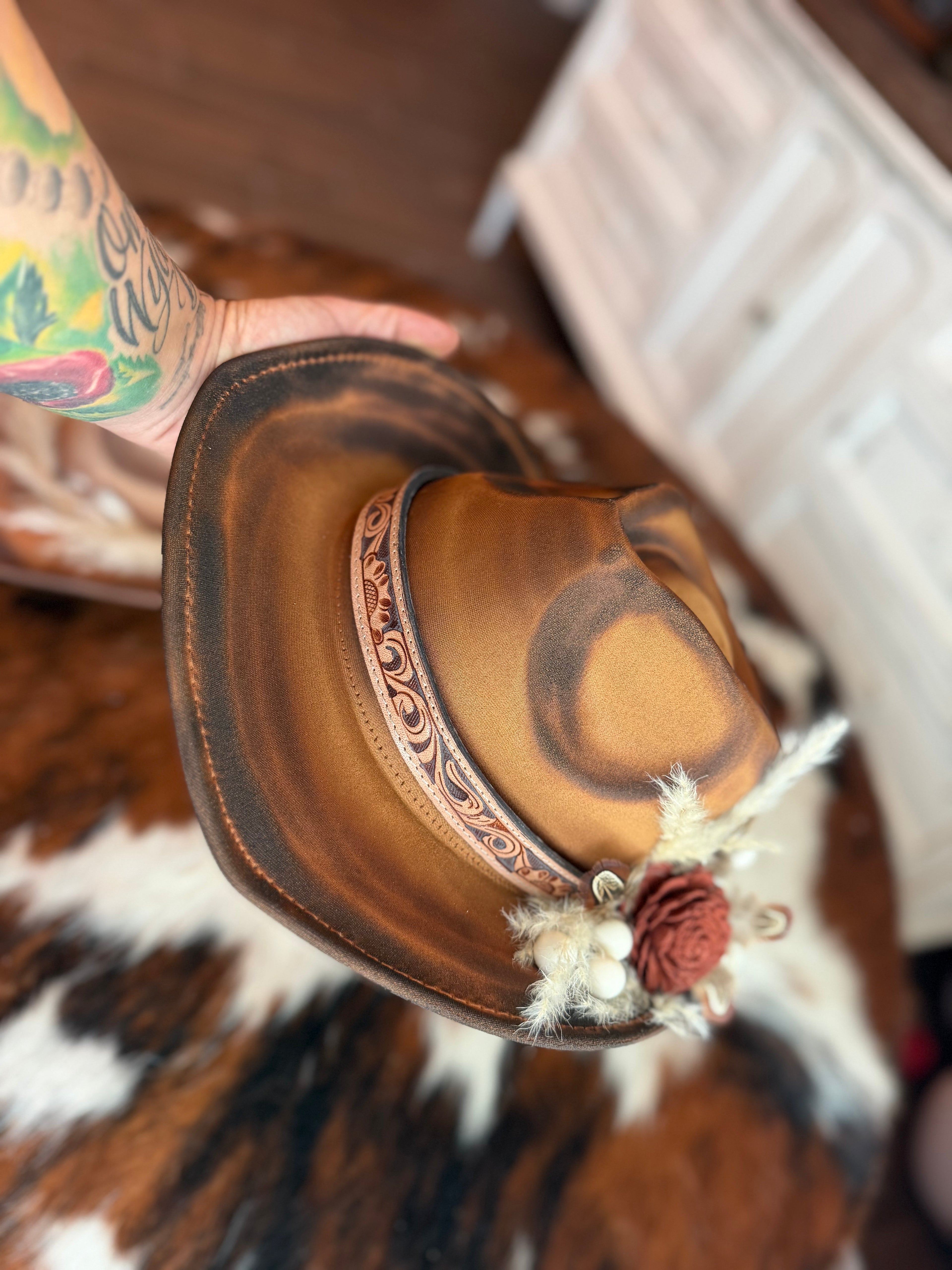 Floral Cowgirl  hat with tooled leather hat belt