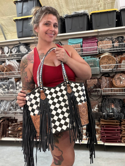 "Angeline" checker print with black fringe