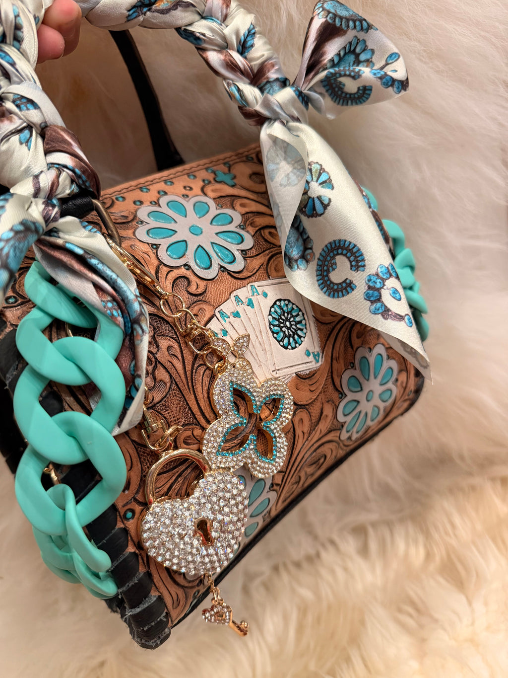 “Pocket full of Aces" - tan tooled leather speedy (mini)