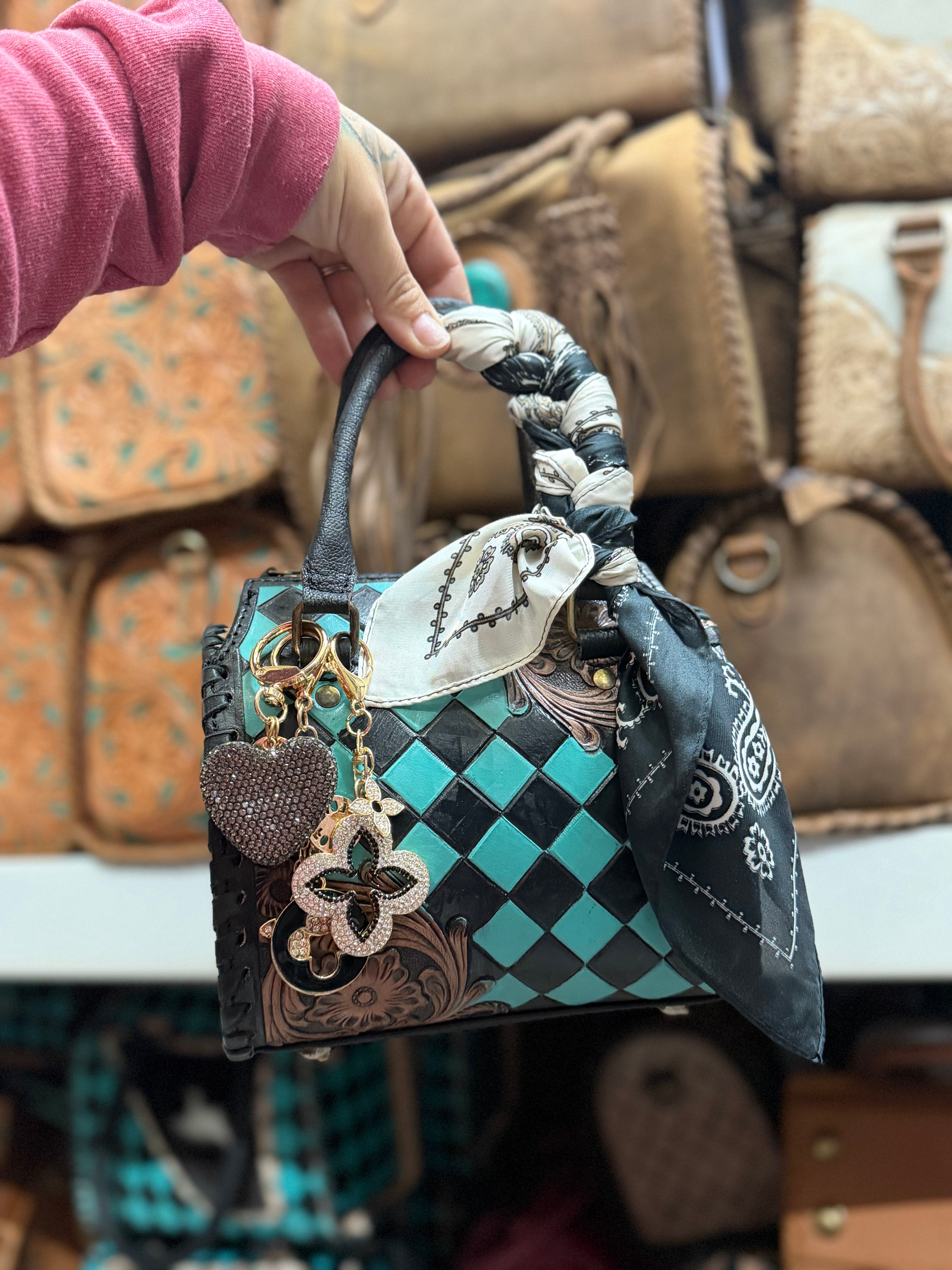 "Electric cowgirl" - turquoise checker tooled leather speedy (mini)