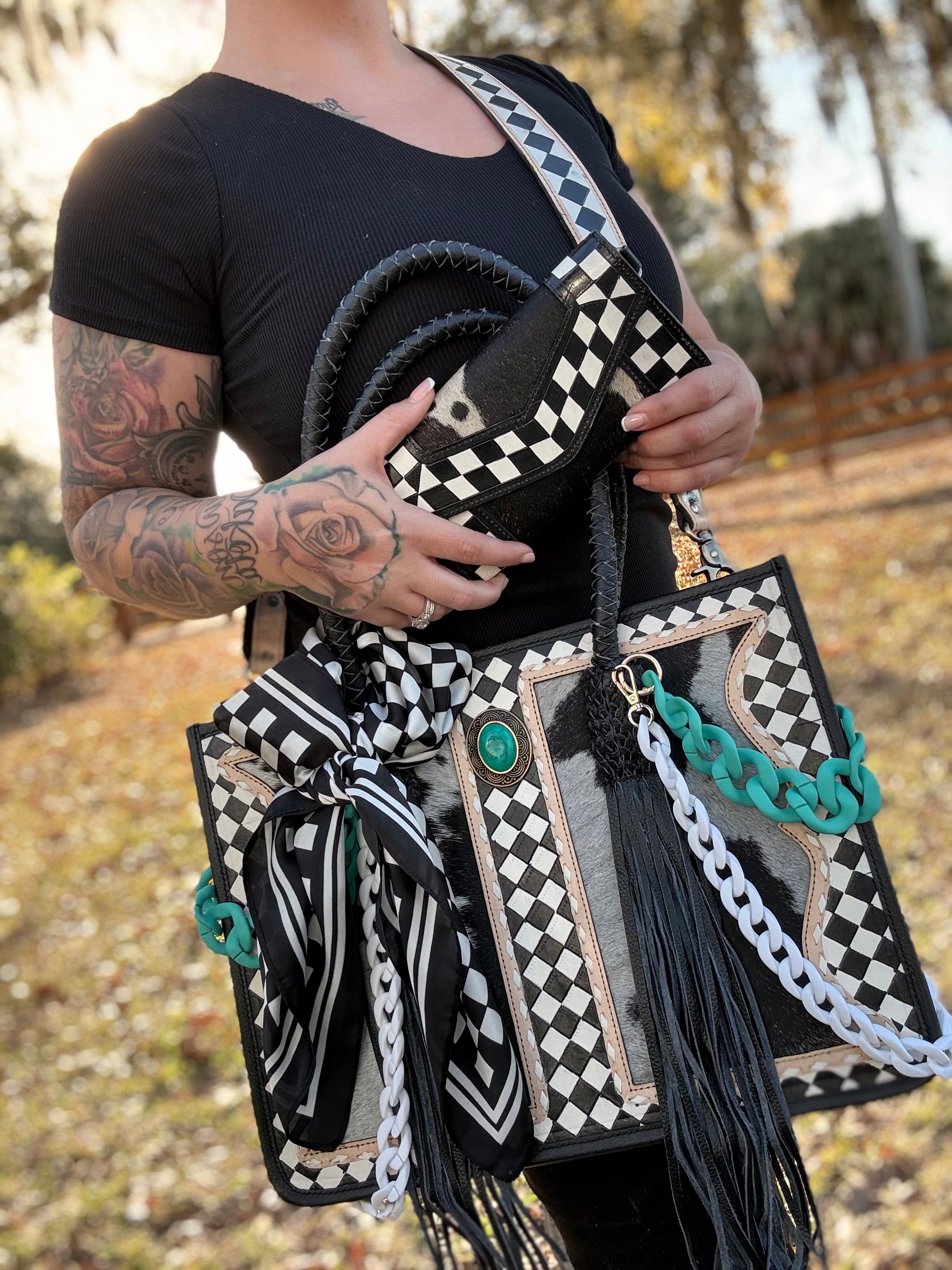 "Queens End Game" - checker/tooled leather tote(bag only)