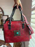 Red with blue Concho  tooled leather speedy bag (L)