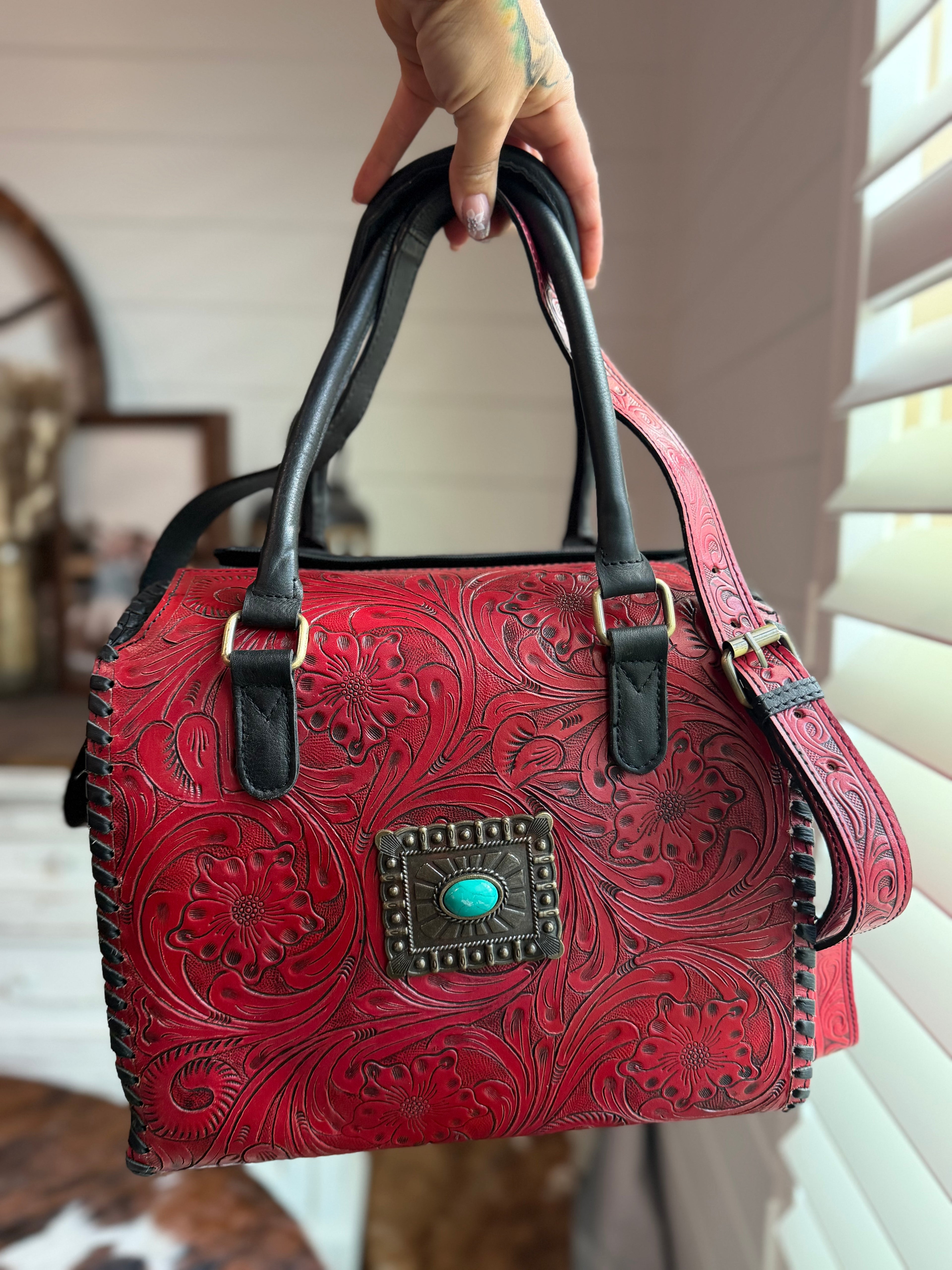Red with blue Concho  tooled leather speedy bag (L)