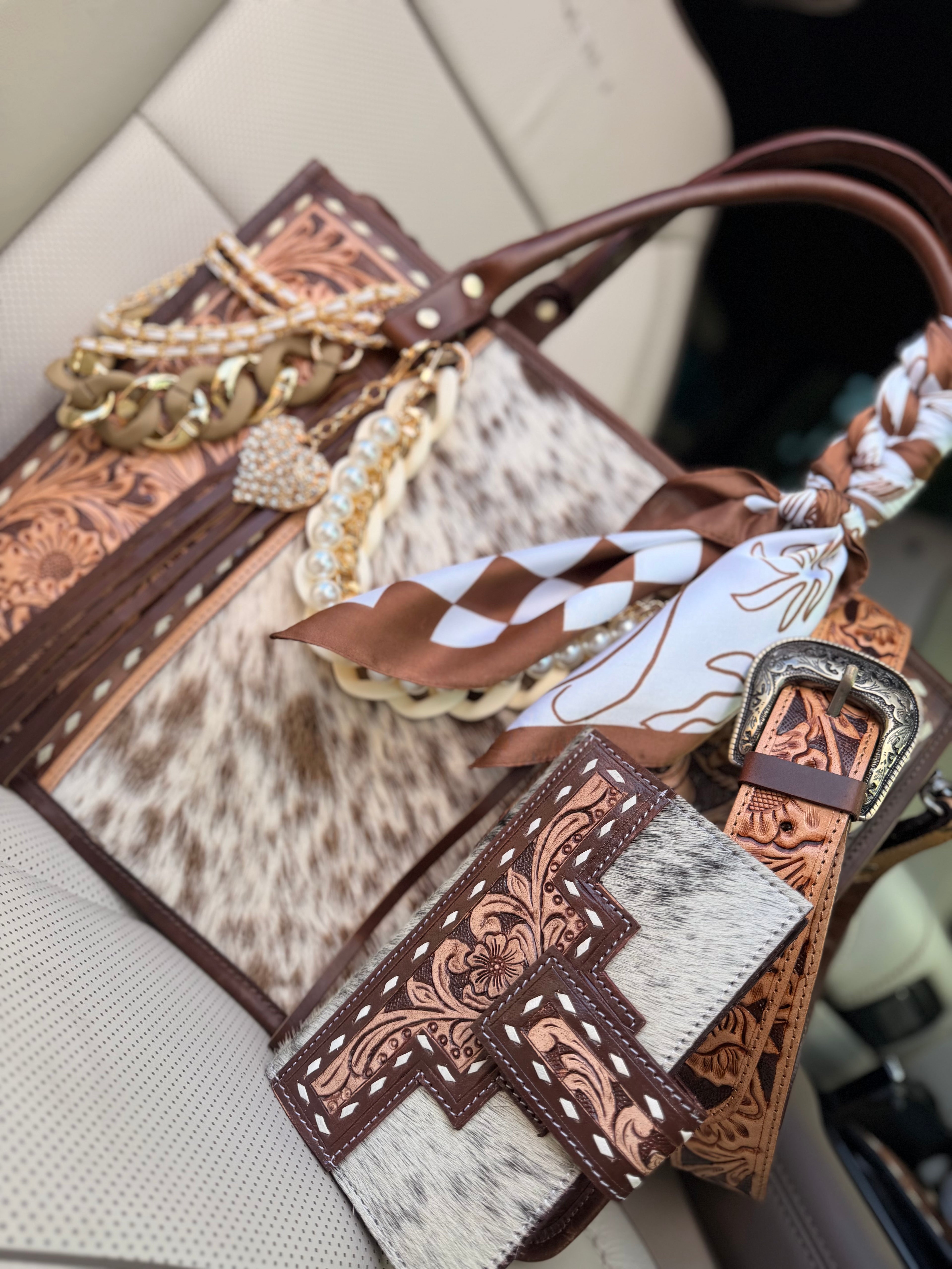 "Sassy Cowgirl" Dressed cowhide and brown tooled leather tote bag/ wallet combo