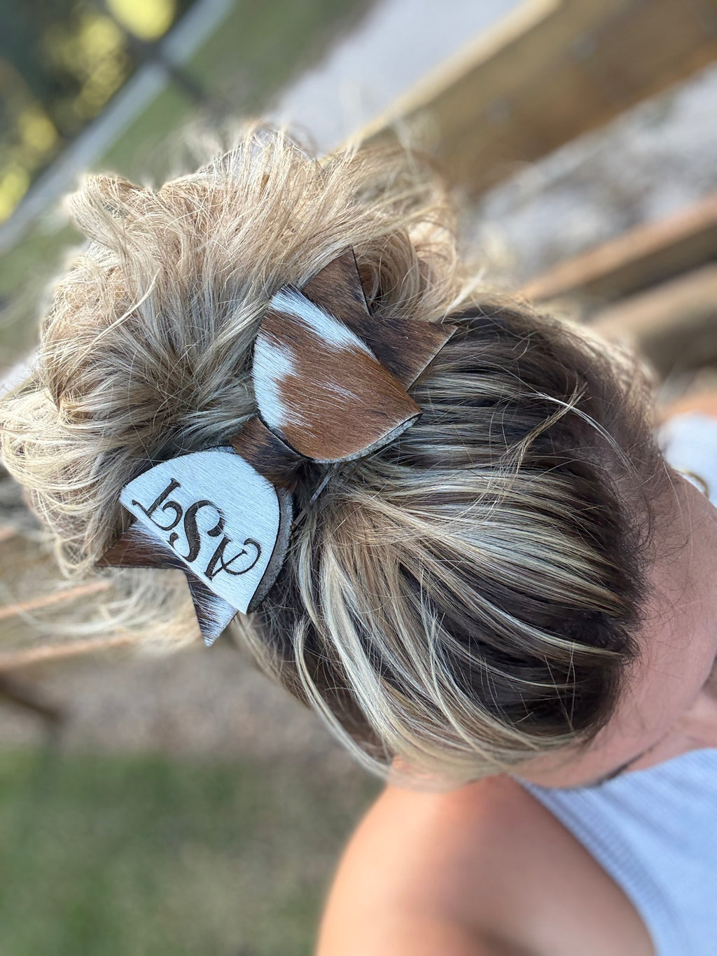 Cowhide hair bow clip with FREE engraving - READ DESCRIPTION BEFORE ORDERING