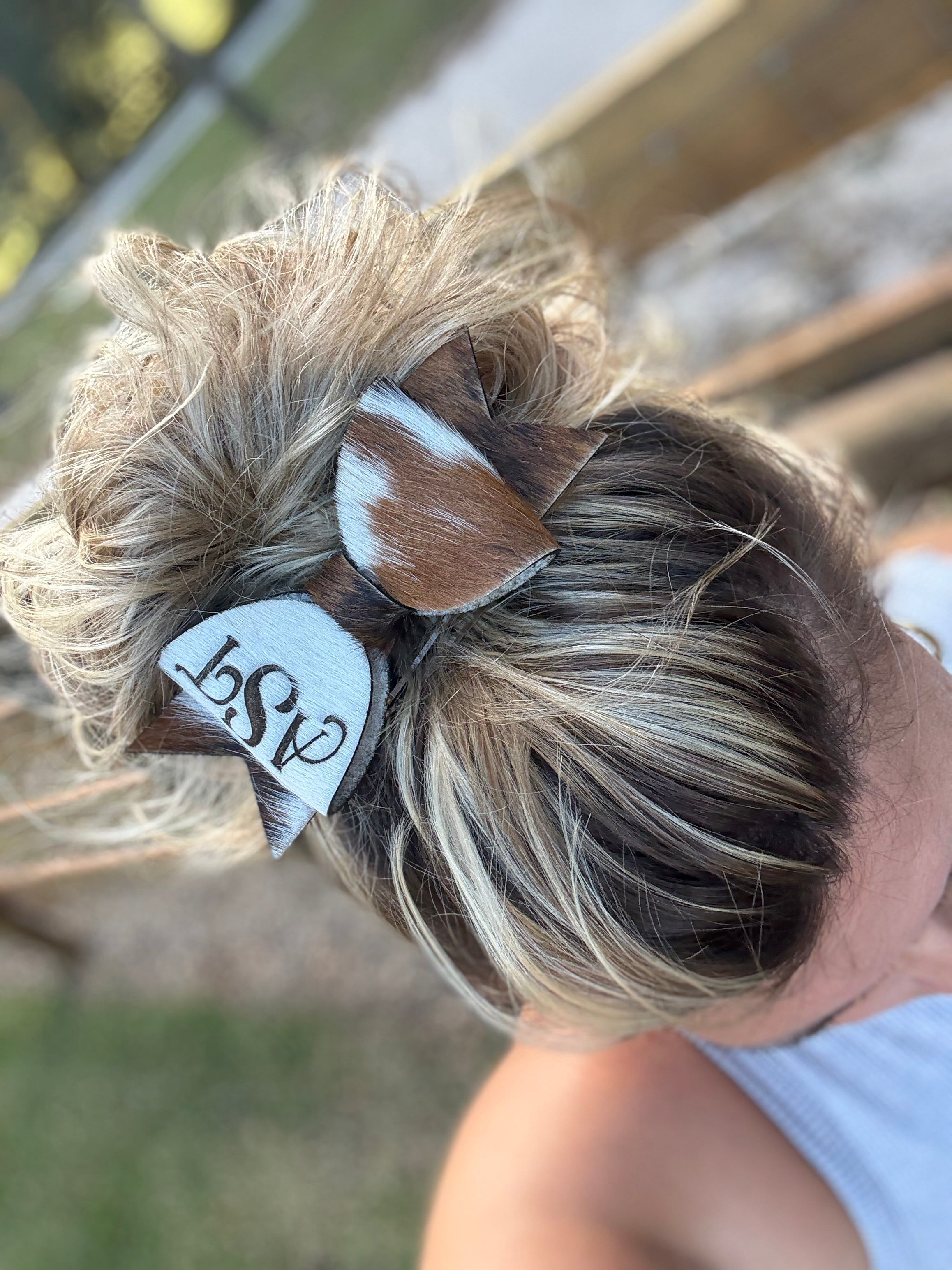 Cowhide hair bow clip with FREE engraving - READ DESCRIPTION BEFORE ORDERING