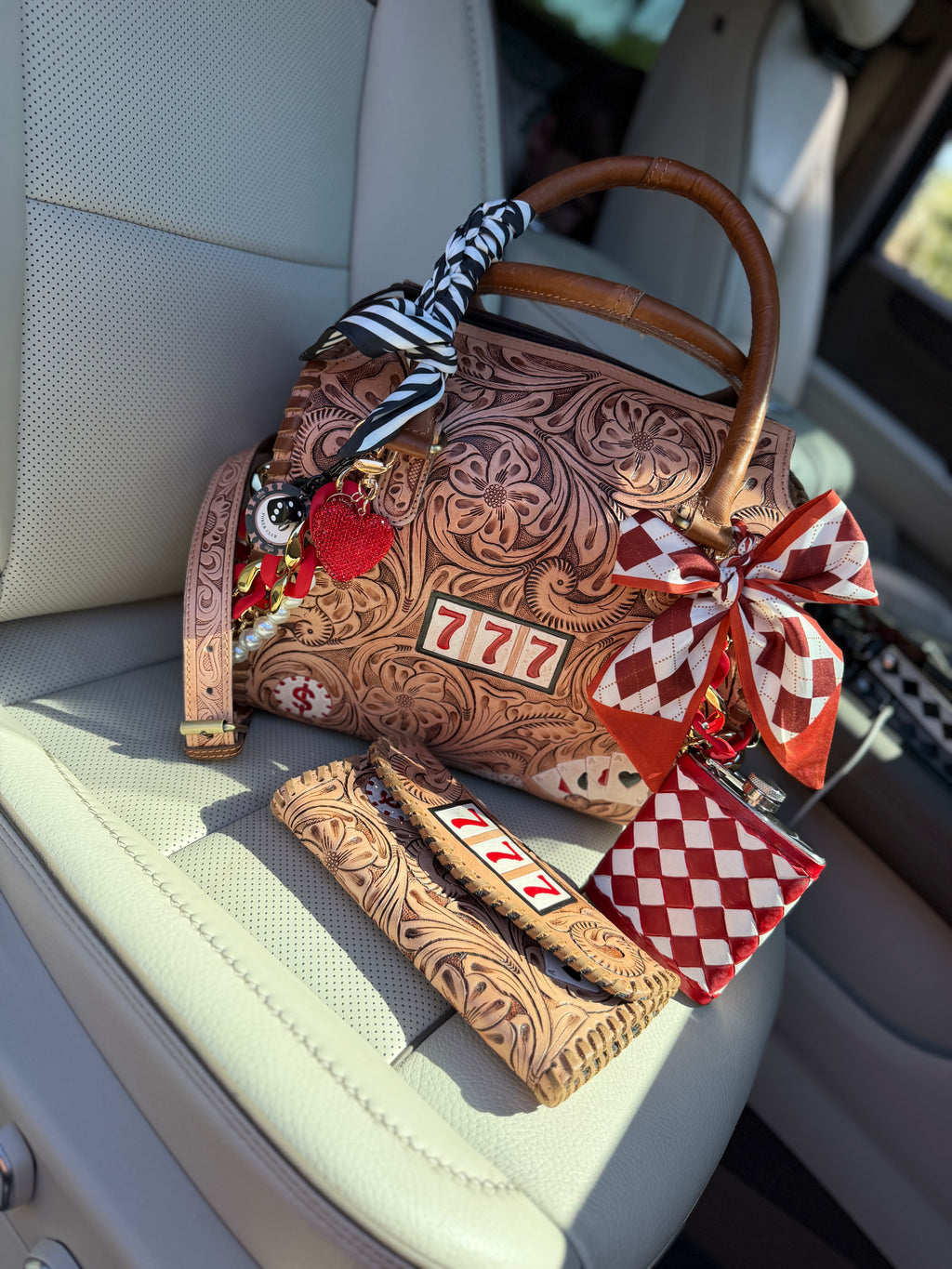 “ Lucky 7s” Brown tooled leather speedy (L) by the Painted Porches
