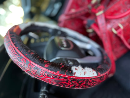 Red 15.5 “ tooled leather acidwash cowhide steering wheel cover read description before purchase