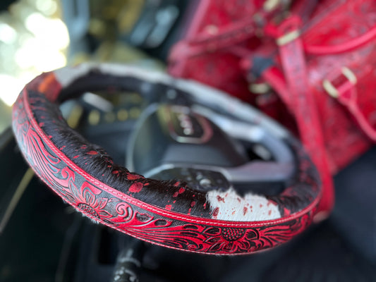 Red 15.5 “ tooled leather acidwash cowhide steering wheel cover read description before purchase