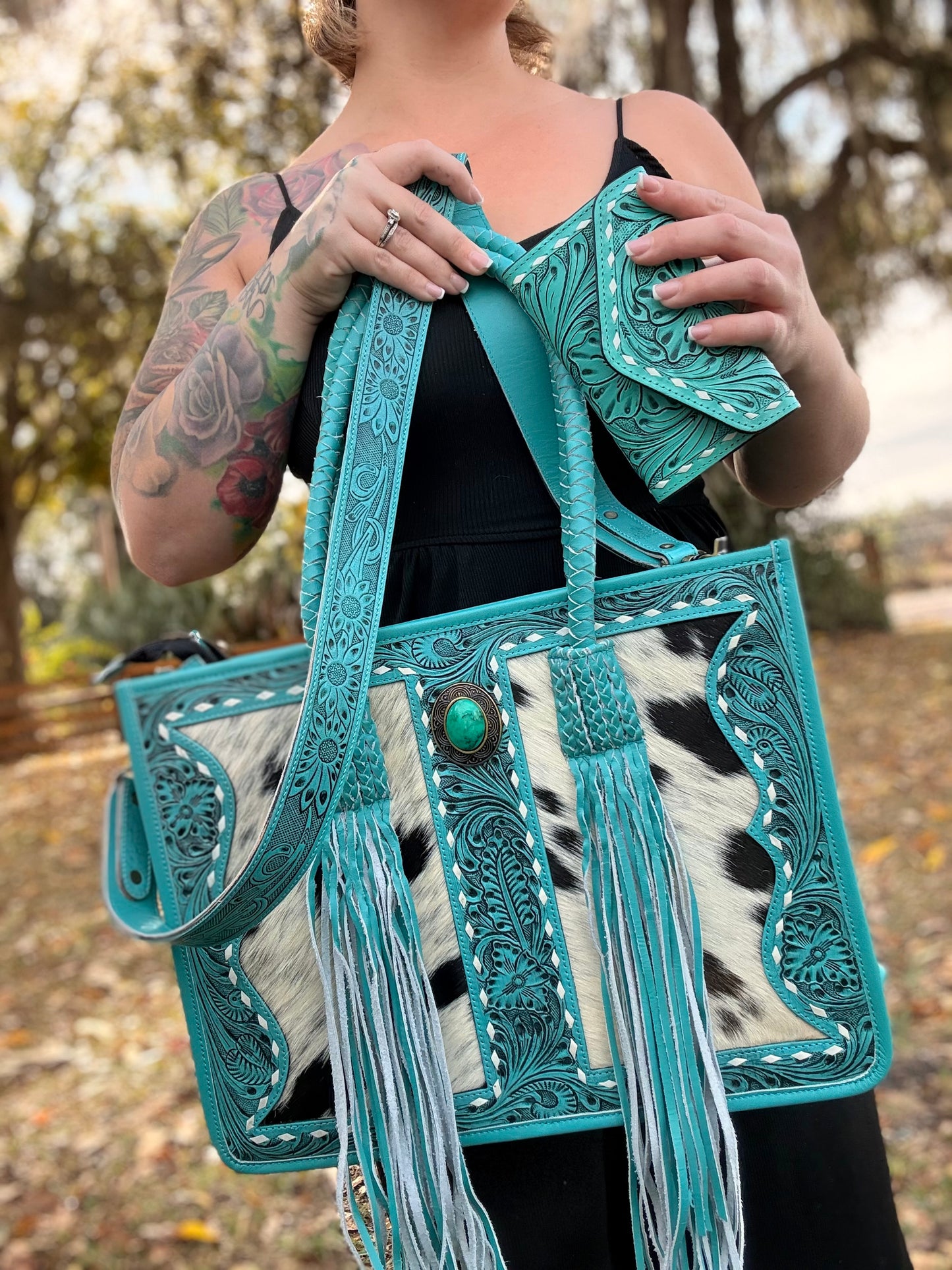 Teal tooled leather/ cowhide set