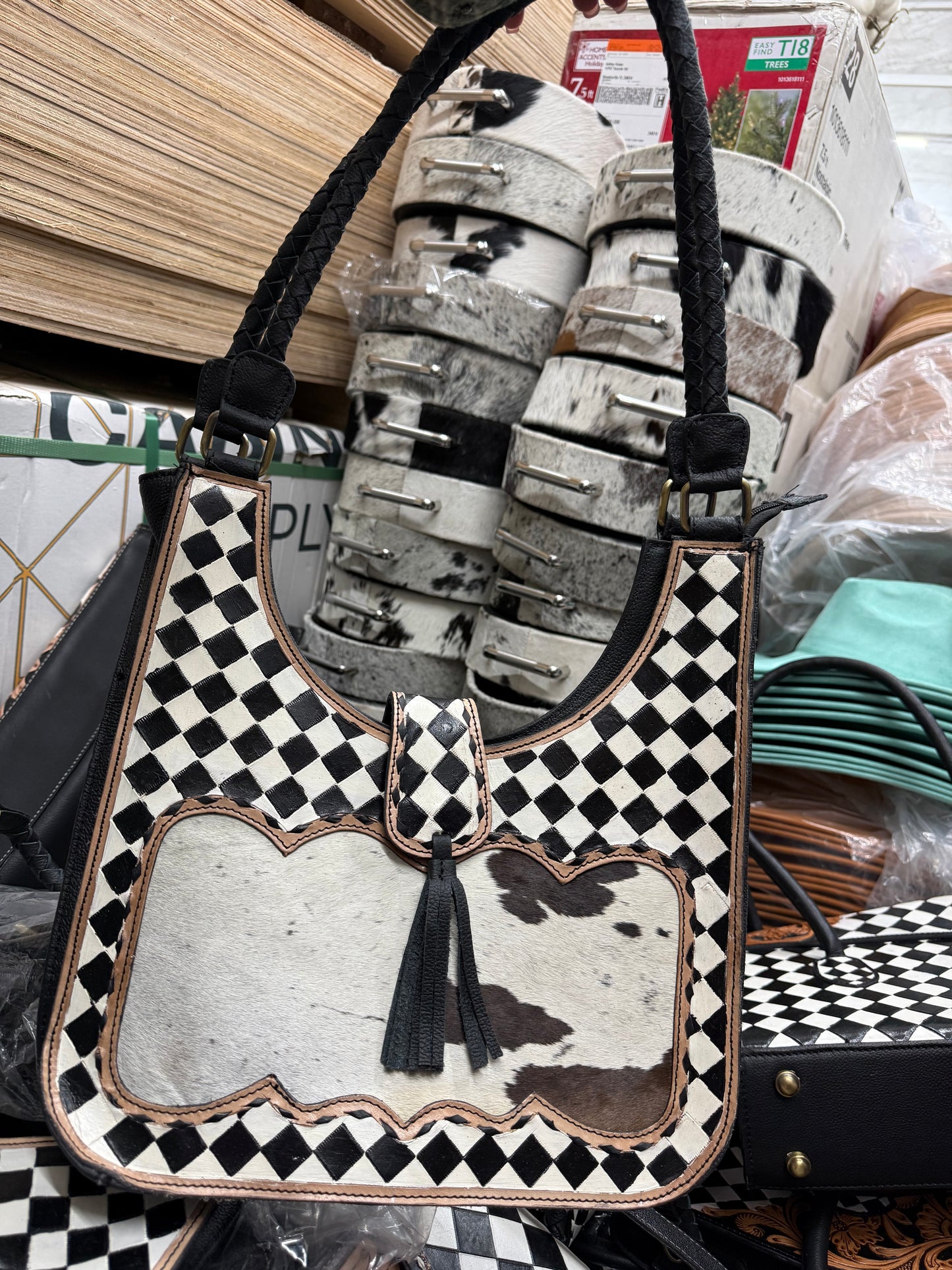 Tooled checker purse