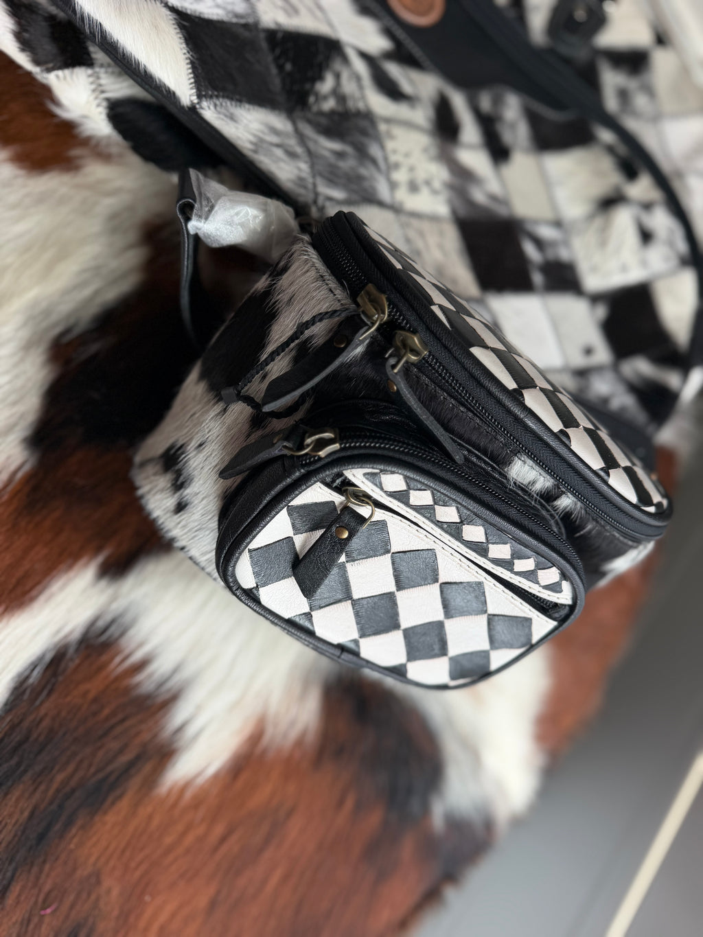 Hand painted checker tooled leather bum bag