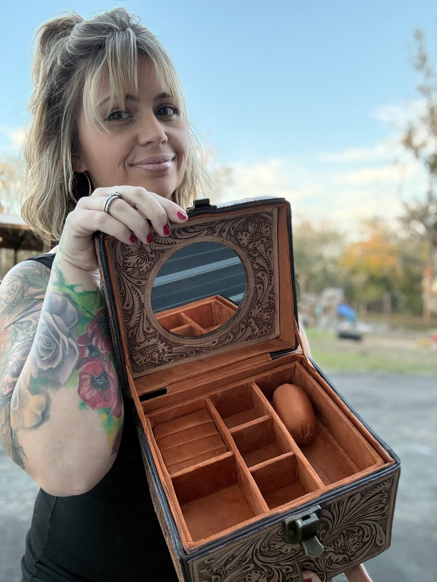 Tooled leather train case style- Jewelry box
