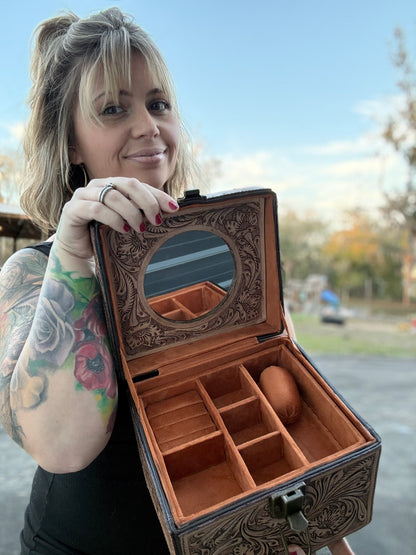 Tooled leather train case style- Jewelry box