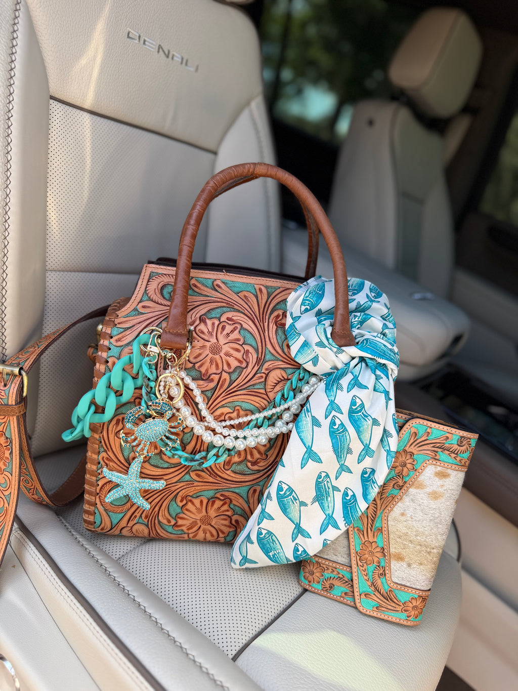 "The Blue Bayou" - Tan and teal  tooled leather speedy (L)