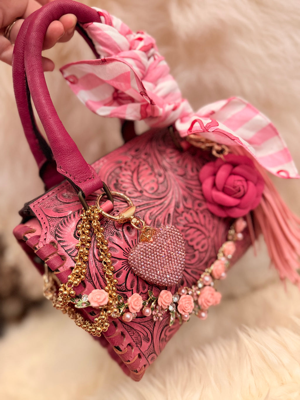 "The Rose Wrangler" - pink tooled leather speedy (mini)