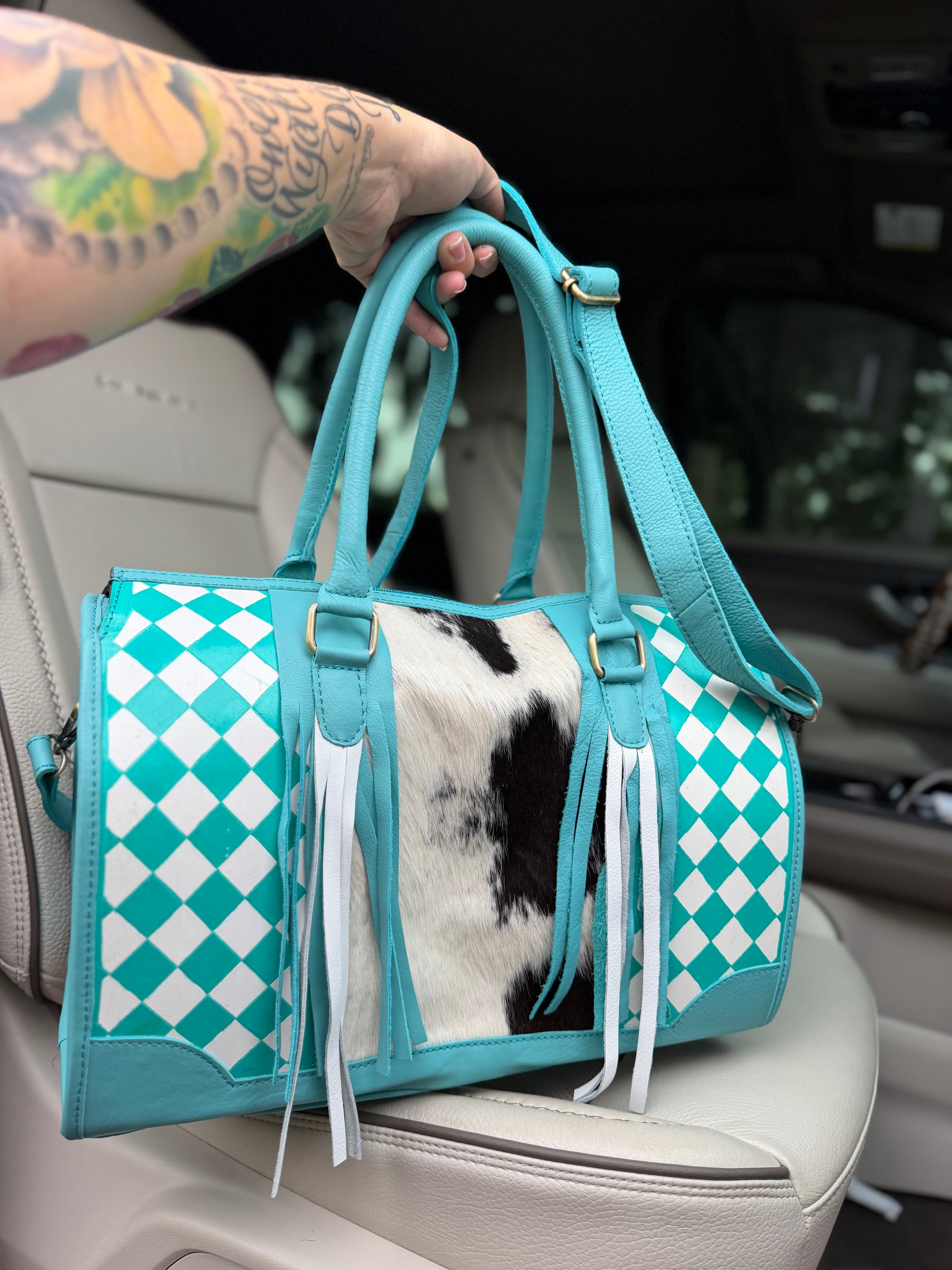 Teal/white checker tooled leather speedy duffle (L)